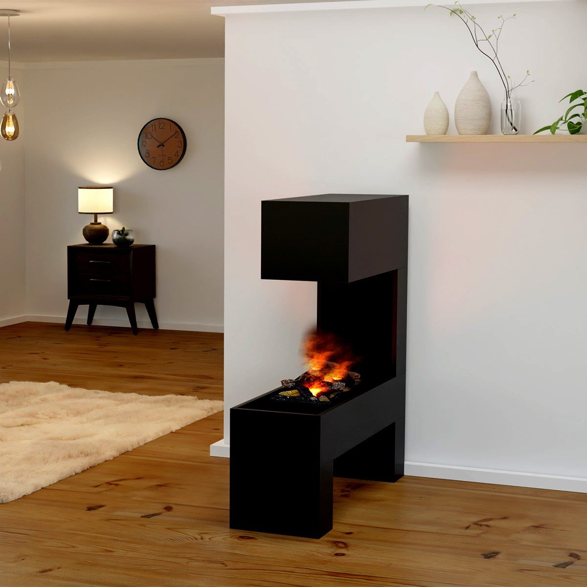 Glow Fire Mozart Elektrokamin Schwarz OMC 600 mit Deluxe Echtholzdekoration