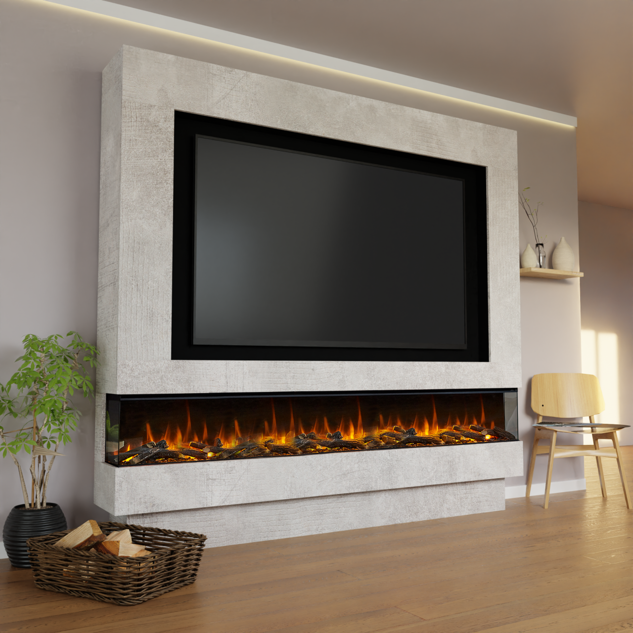 Glow Fire Fernsehwand BF 2400 Elektrokamin Beton New Forest Holzdekoration Fernsehwand