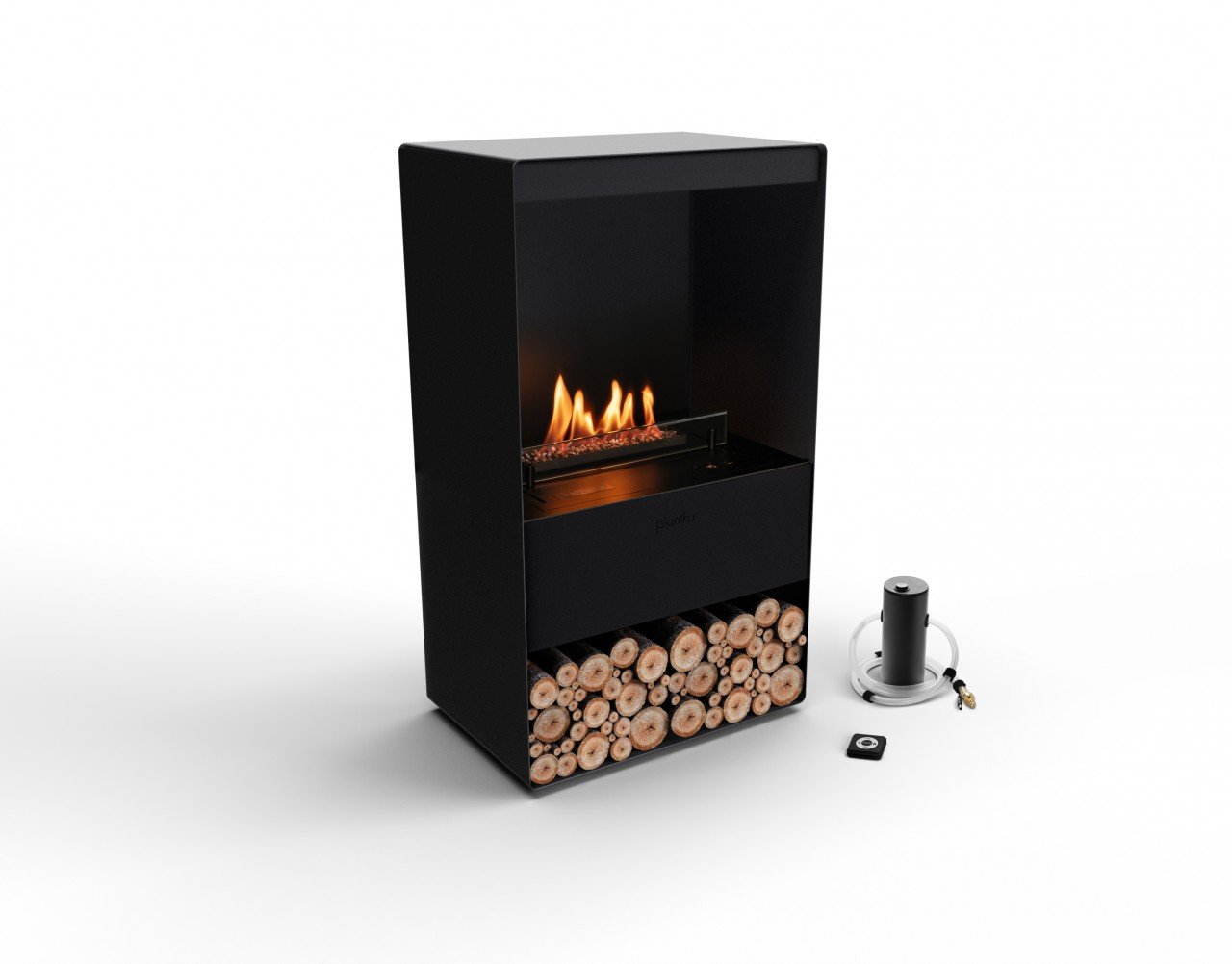 Planika Senso Stove mit BEV Automatikbrenner Holzdekoration