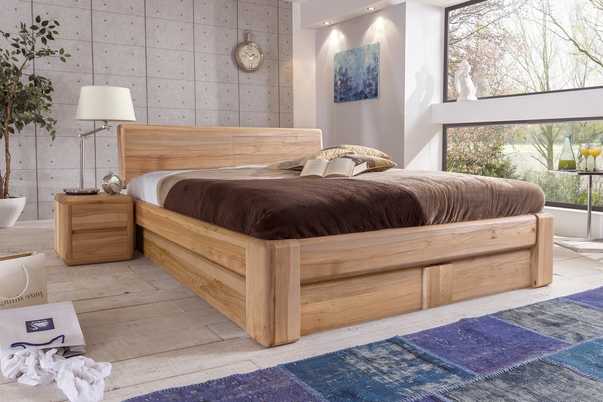 Doppelbett 180×200 mit Bettkasten Lattenrost Kernbuche mit Holzkopfteil Verona
