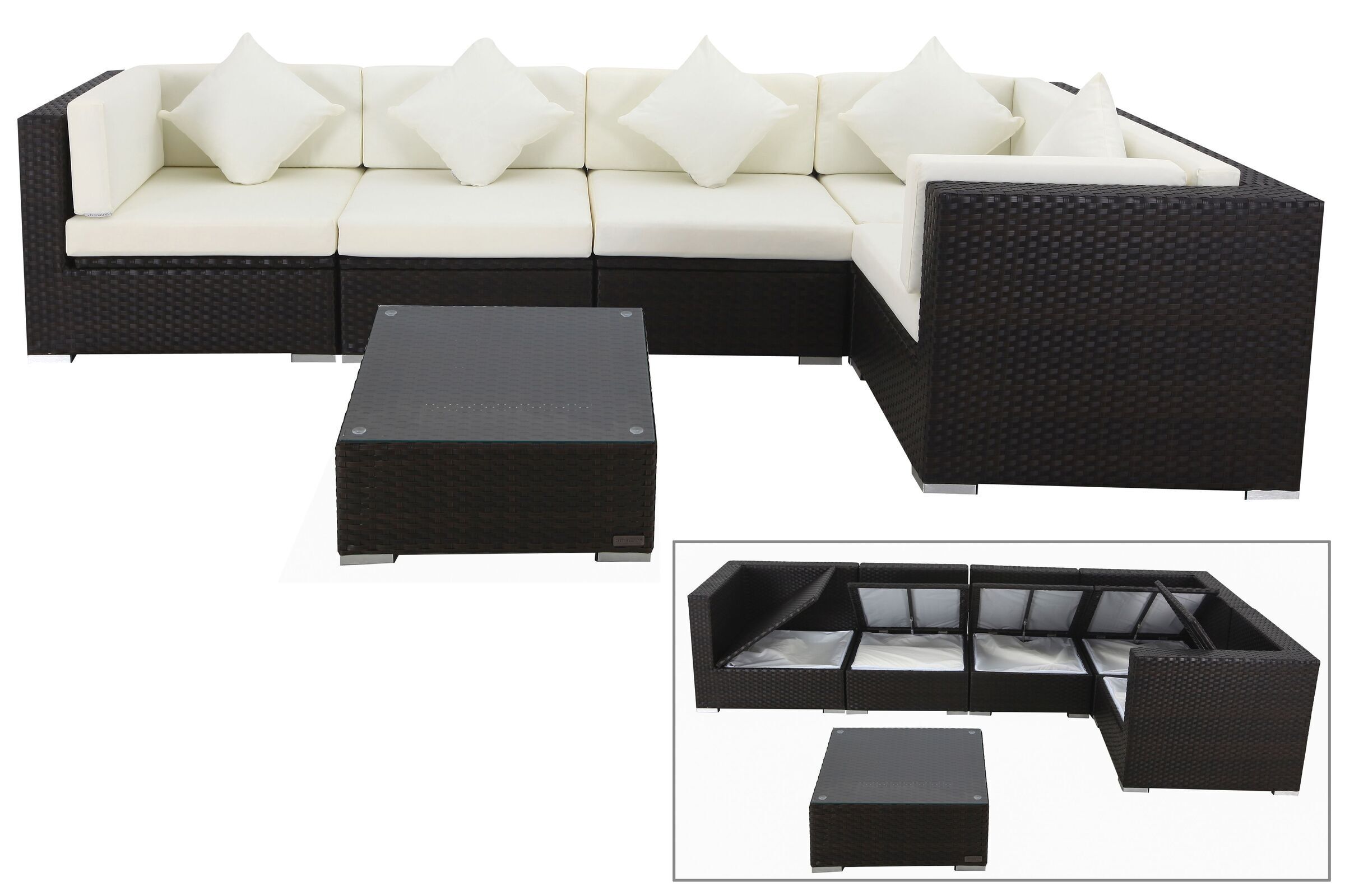 OUTFLEXX Ecklounge-Set Polyrattan, braun, für 5 Personen, inkl. Kaffeetisch, wasserfeste Kissenbox