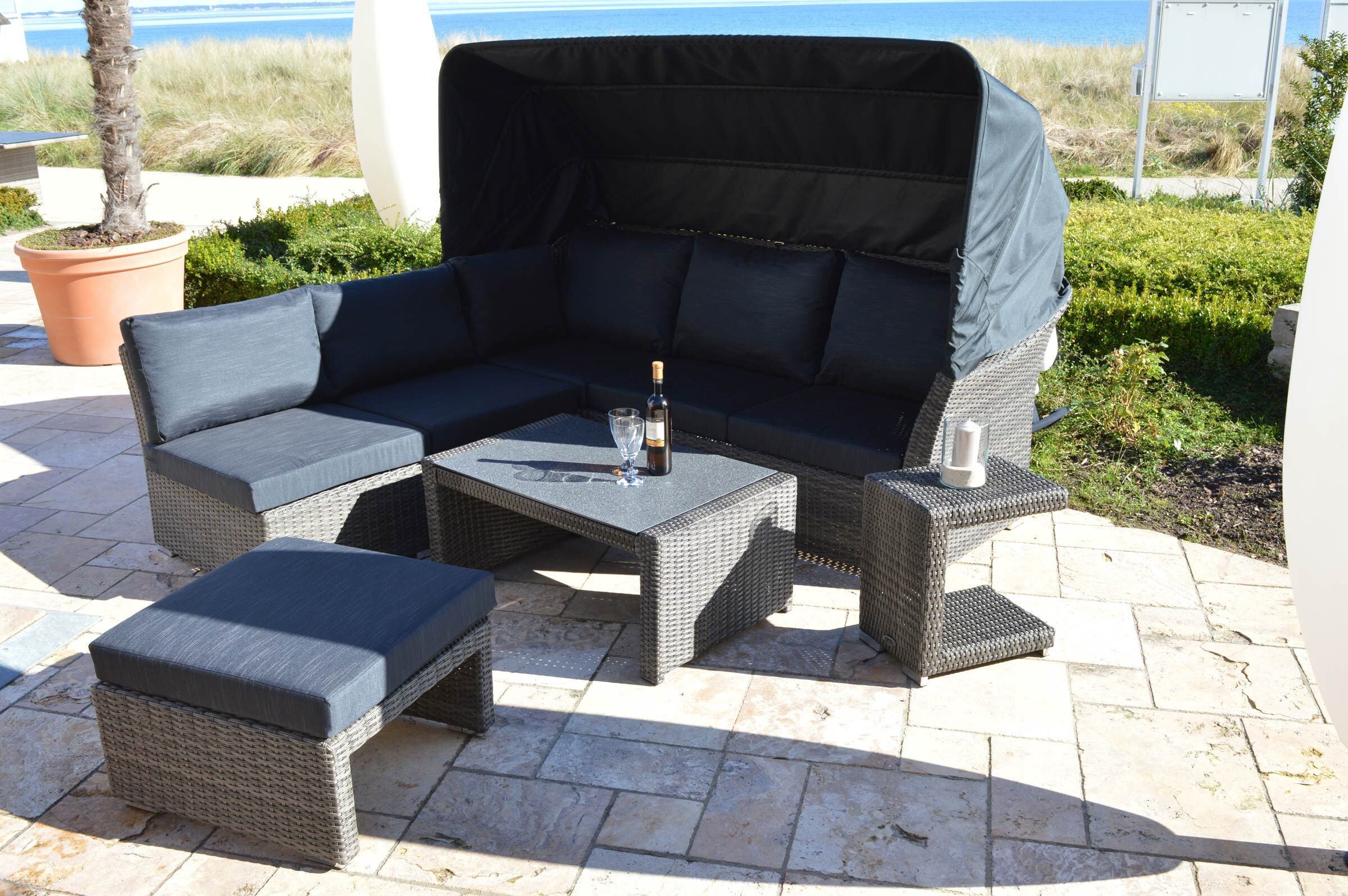 Ploß Rocking Loungeset, grau/braun-meliert, Polyrattan, 5-6 Personen, inkl. Sonnendach