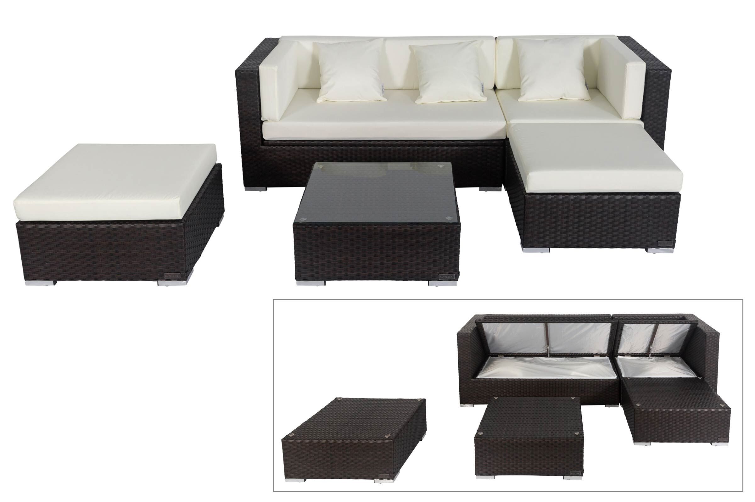 OUTFLEXX Loungemöbel-Set, braun, Polyrattan, 5 Personen, wasserfeste Kissenbox, inkl. Kaffeetisch