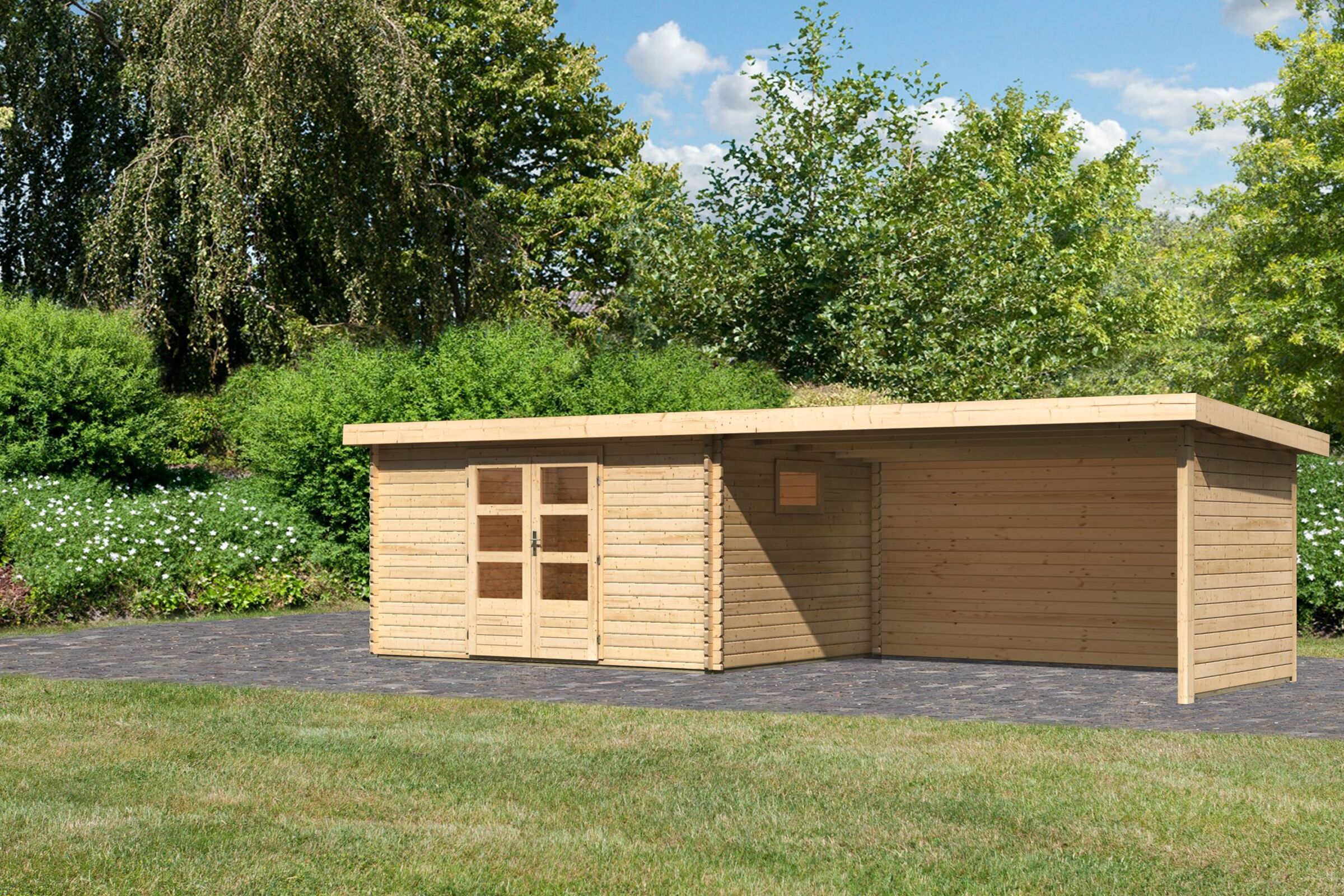 KARIBU Gartenhaus Trittau 5, naturbelassen, Fichtenholz 40mm, 806 x 297 x 217 cm, Pultdach, Anbau 4,4m mit Rück- und Seitenwand