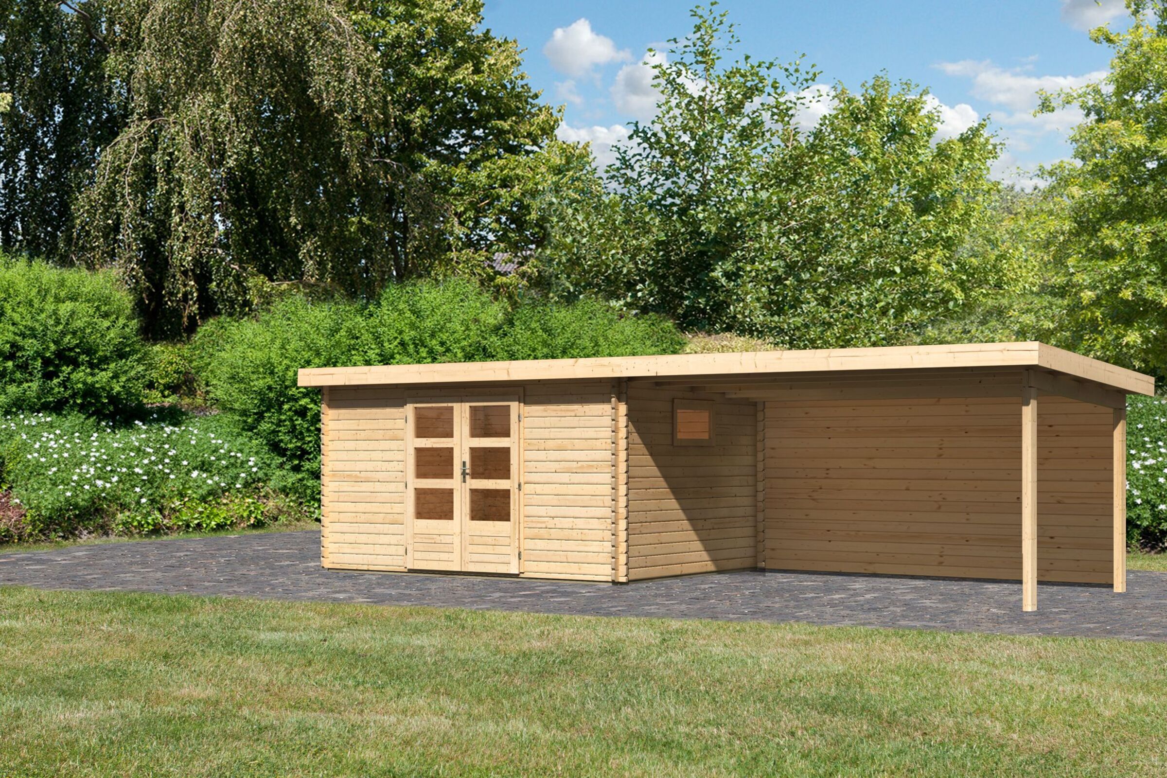 KARIBU Gartenhaus Trittau 5, naturbelassen, Fichtenholz 40mm, 806 x 297 x 217 cm, Pultdach, Anbau 4,4m mit Rückwand