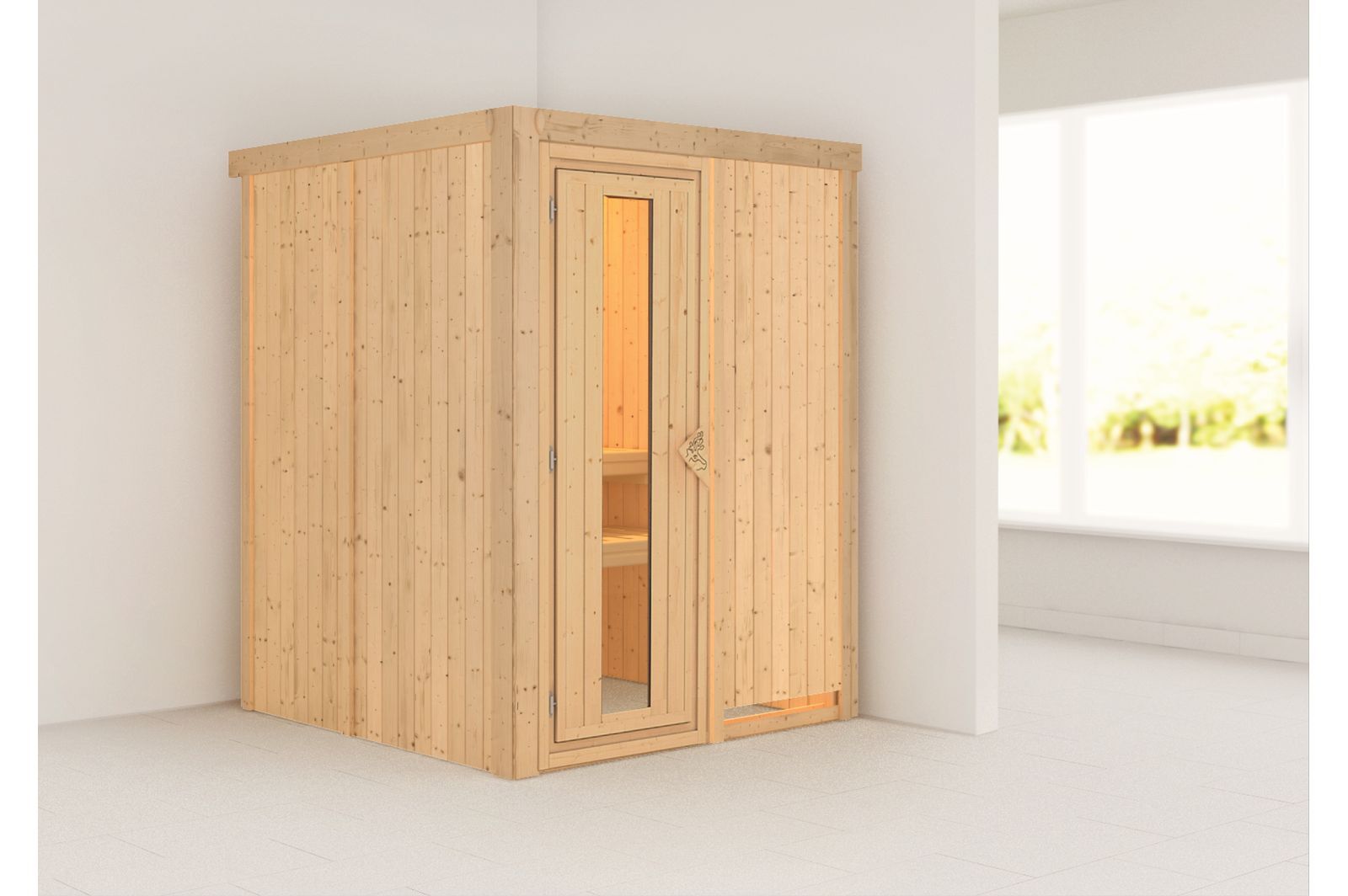 KARIBU Systemsauna Norin, Fichtenholz 68mm, Fronteinstieg, ca. 2,3m²