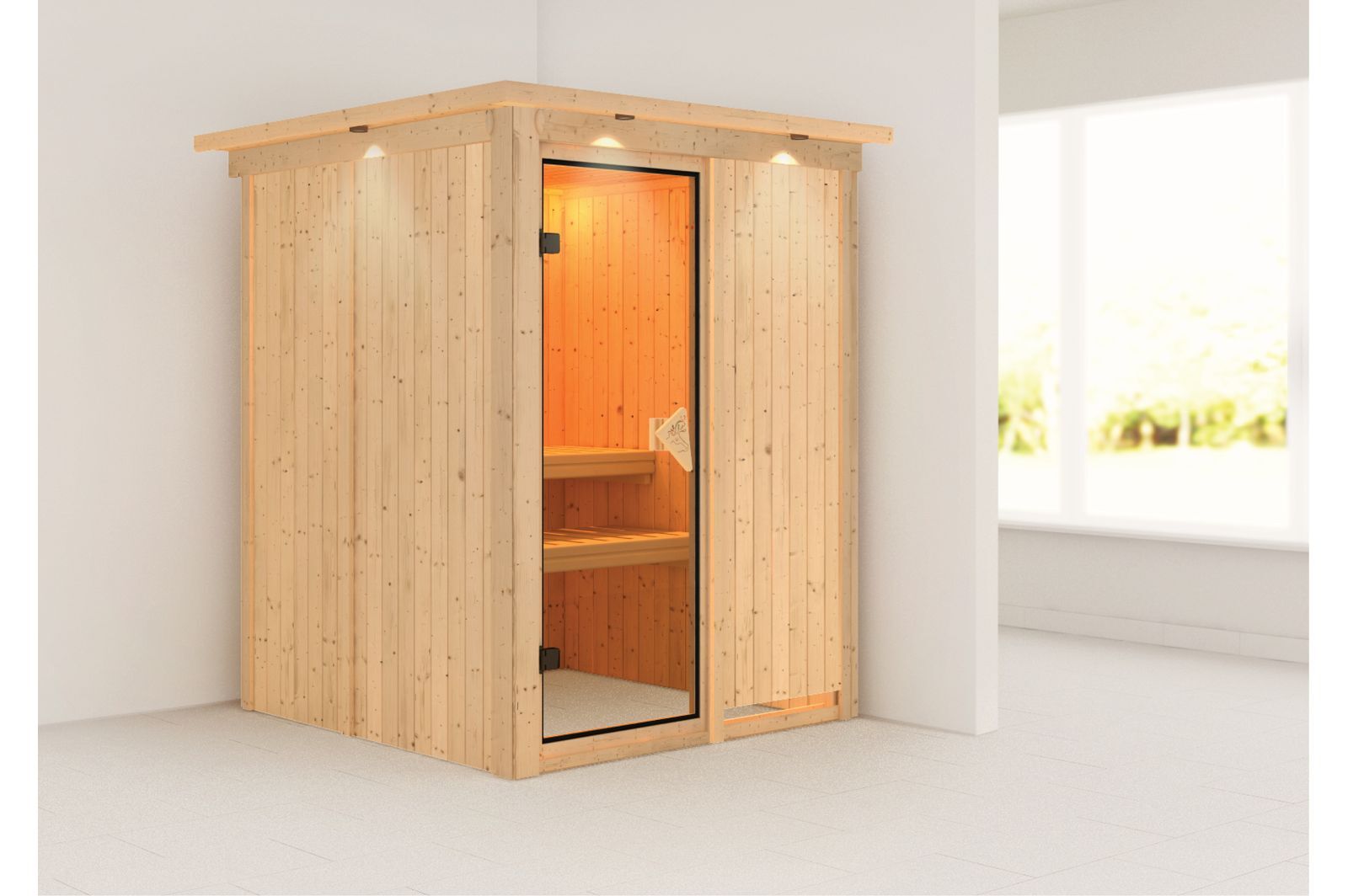 KARIBU Systemsauna Norin, Fichtenholz 68mm, Fronteinstieg, ca. 2,3m²