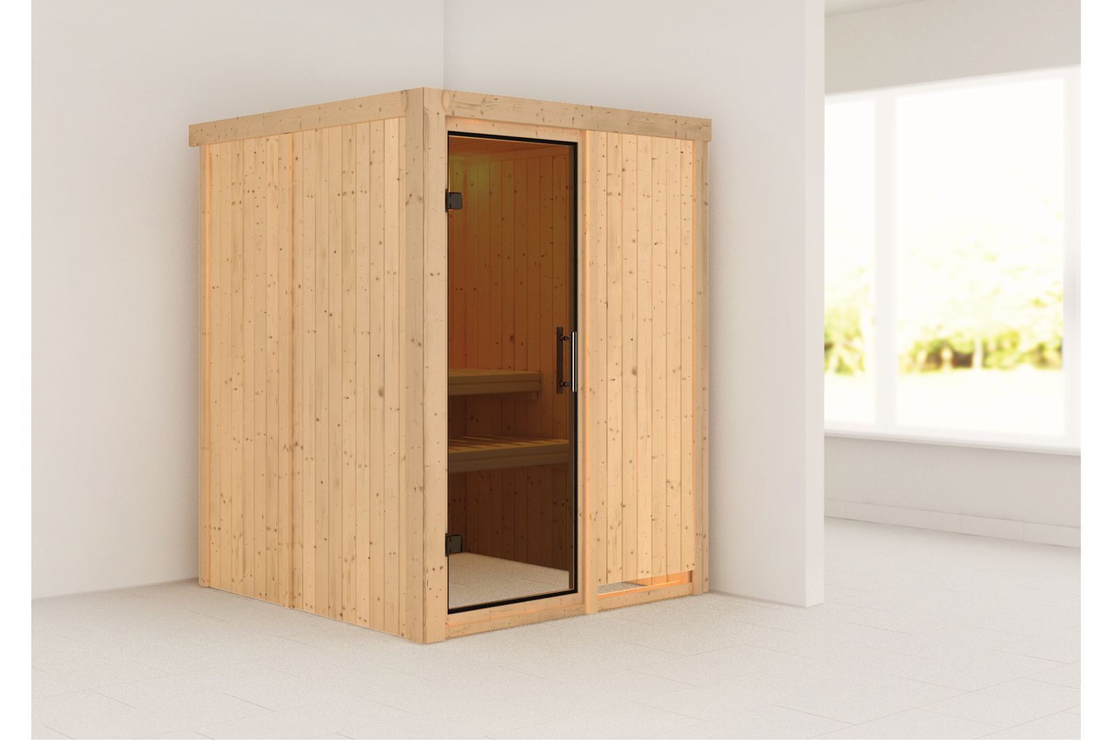 KARIBU Systemsauna Norin, Fichtenholz 68mm, Fronteinstieg, ca. 2,3m²