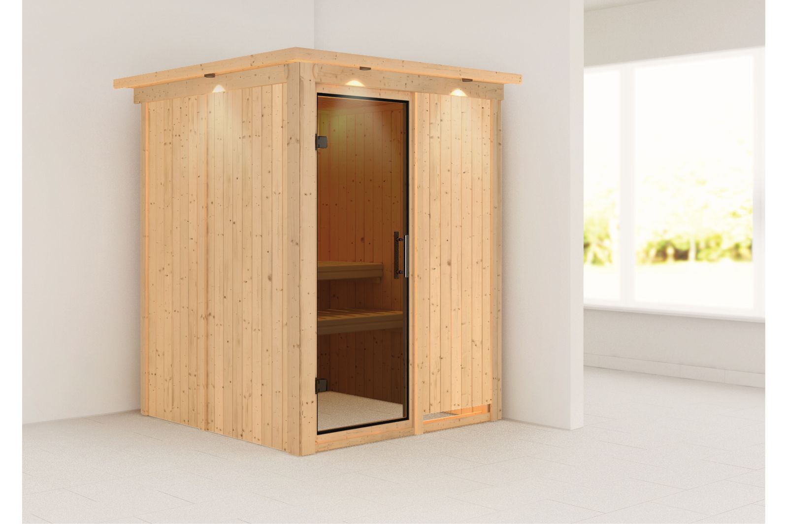 KARIBU Systemsauna Norin, Fichtenholz 68mm, Fronteinstieg, ca. 2,3m²