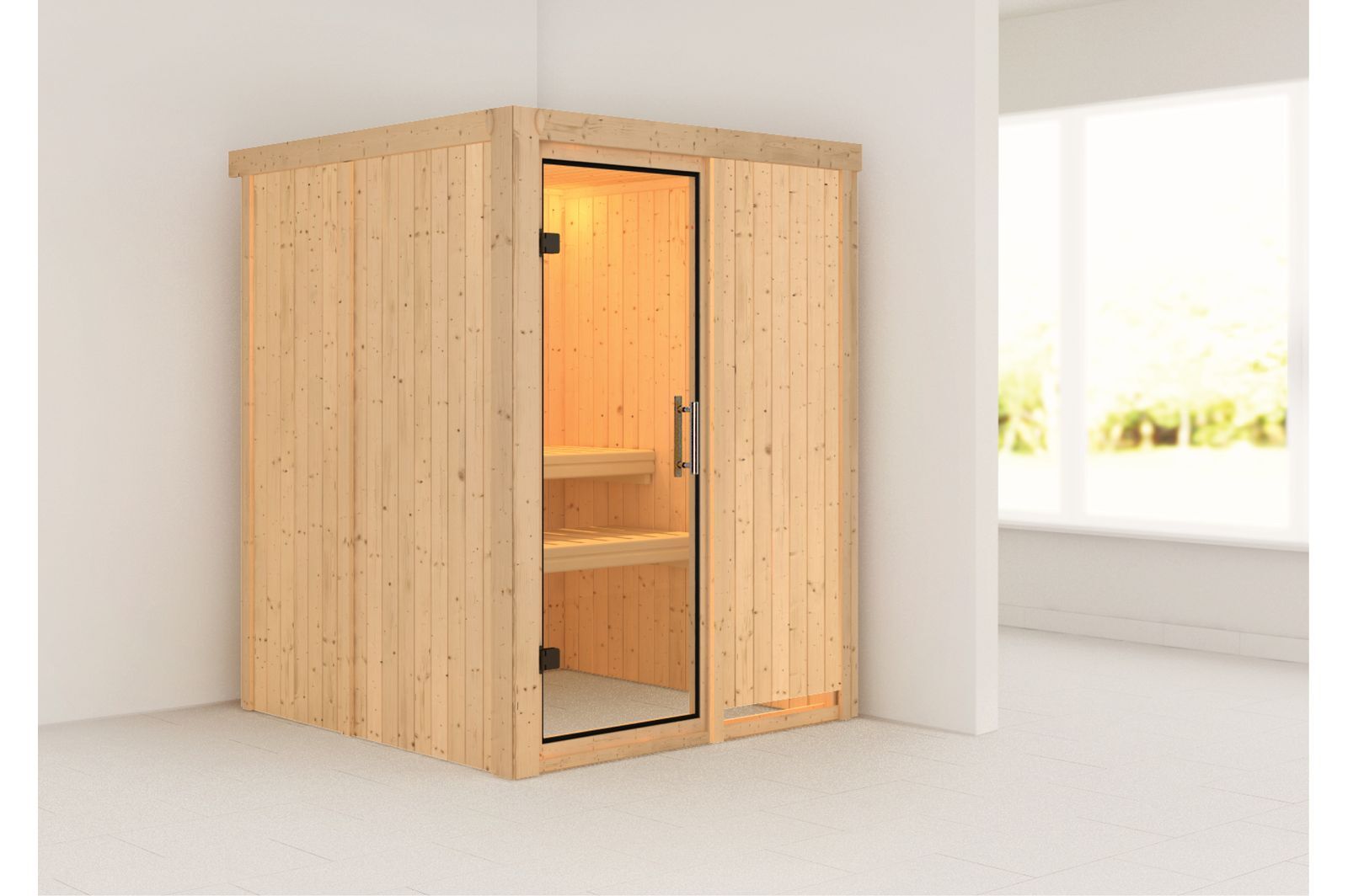 KARIBU Systemsauna Norin, Fichtenholz 68mm, Fronteinstieg, ca. 2,3m²