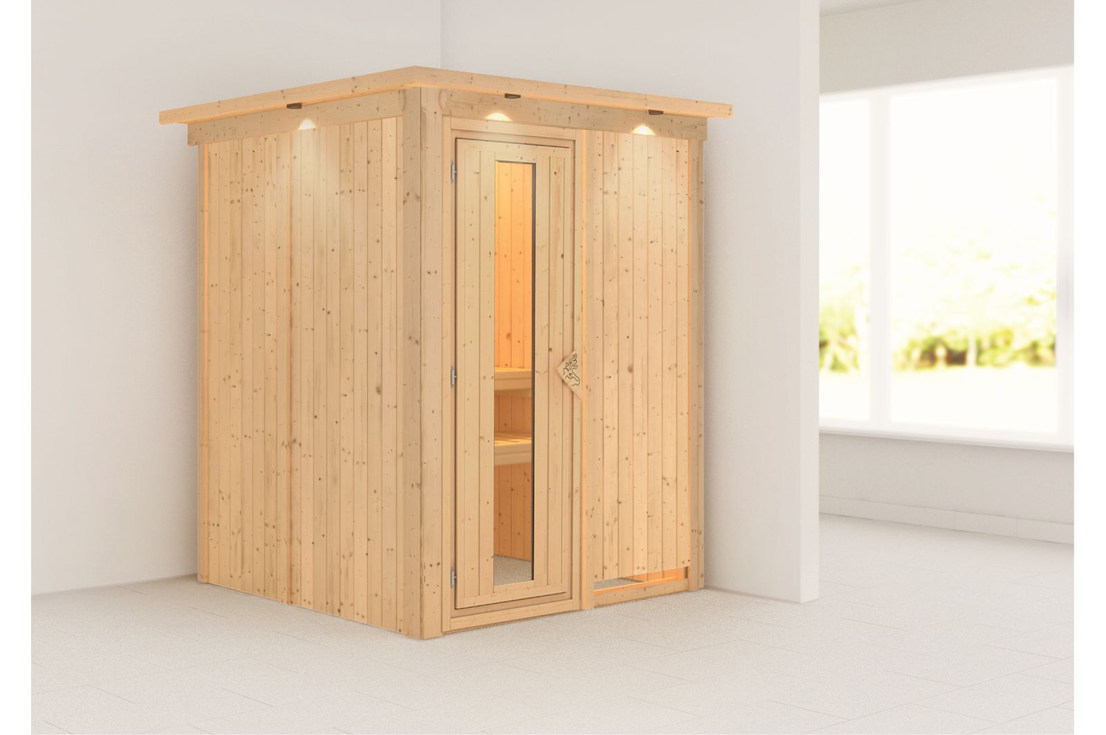 KARIBU Systemsauna Norin, Fichtenholz 68mm, Fronteinstieg, ca. 2,3m²