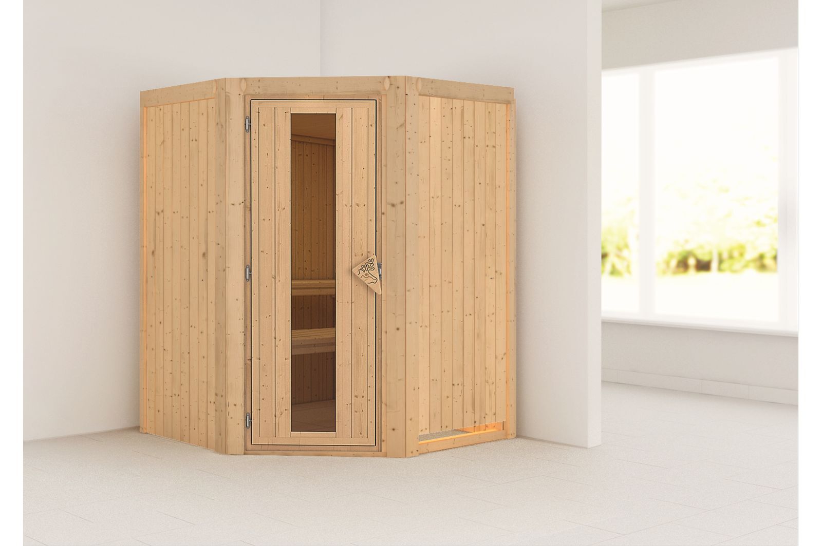 KARIBU Systemsauna Larin, Fichtenholz 68mm, Eckeinstieg, ca. 2m²