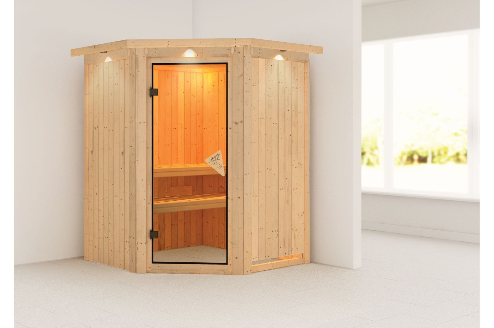 KARIBU Systemsauna Larin, Fichtenholz 68mm, Eckeinstieg, ca. 2m²