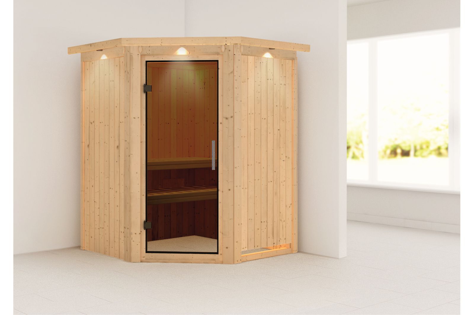 KARIBU Systemsauna Larin, Fichtenholz 68mm, Eckeinstieg, ca. 2m²