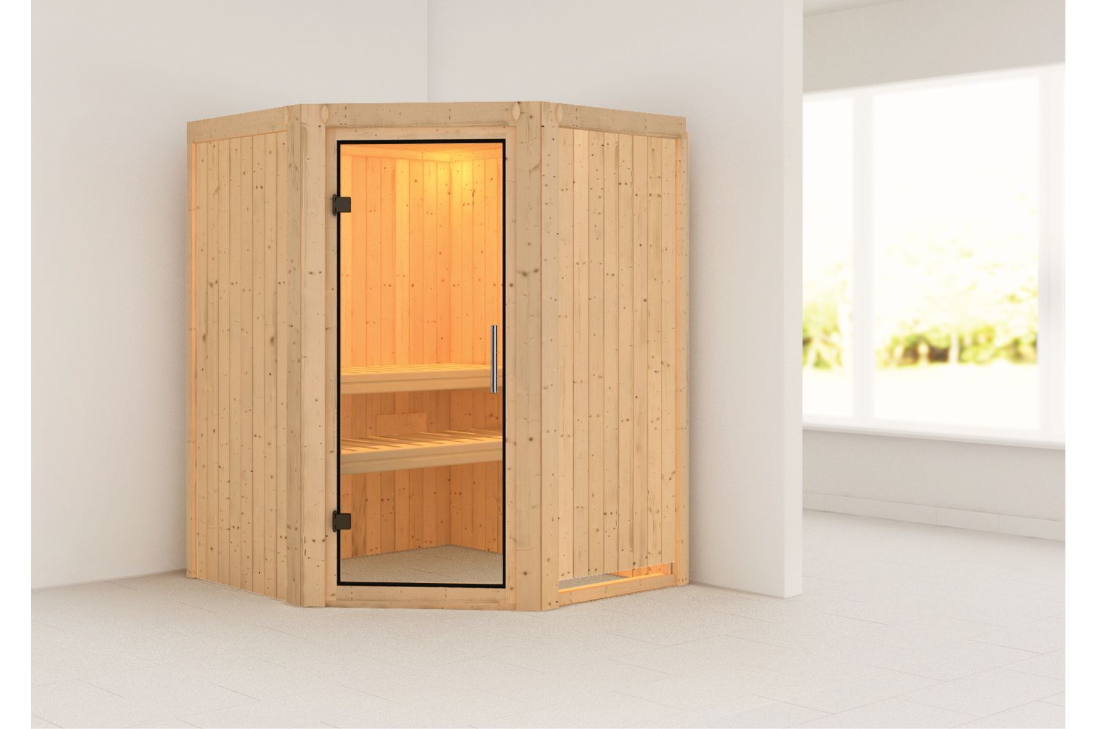 KARIBU Systemsauna Larin, Fichtenholz 68mm, Eckeinstieg, ca. 2m²