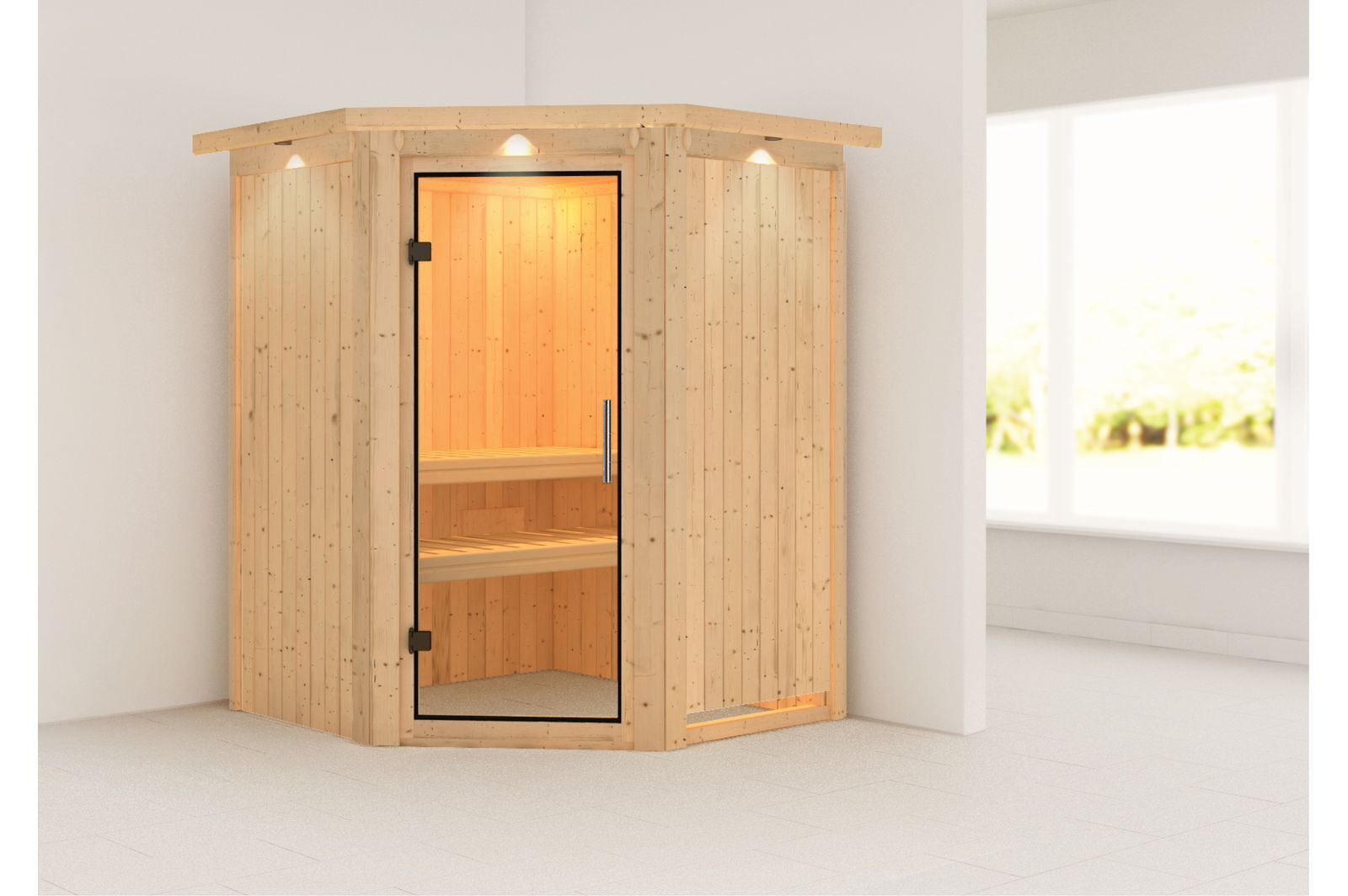 KARIBU Systemsauna Larin, Fichtenholz 68mm, Eckeinstieg, ca. 2m²