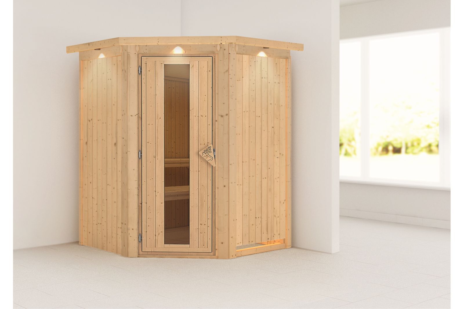 KARIBU Systemsauna Larin, Fichtenholz 68mm, Eckeinstieg, ca. 2m²