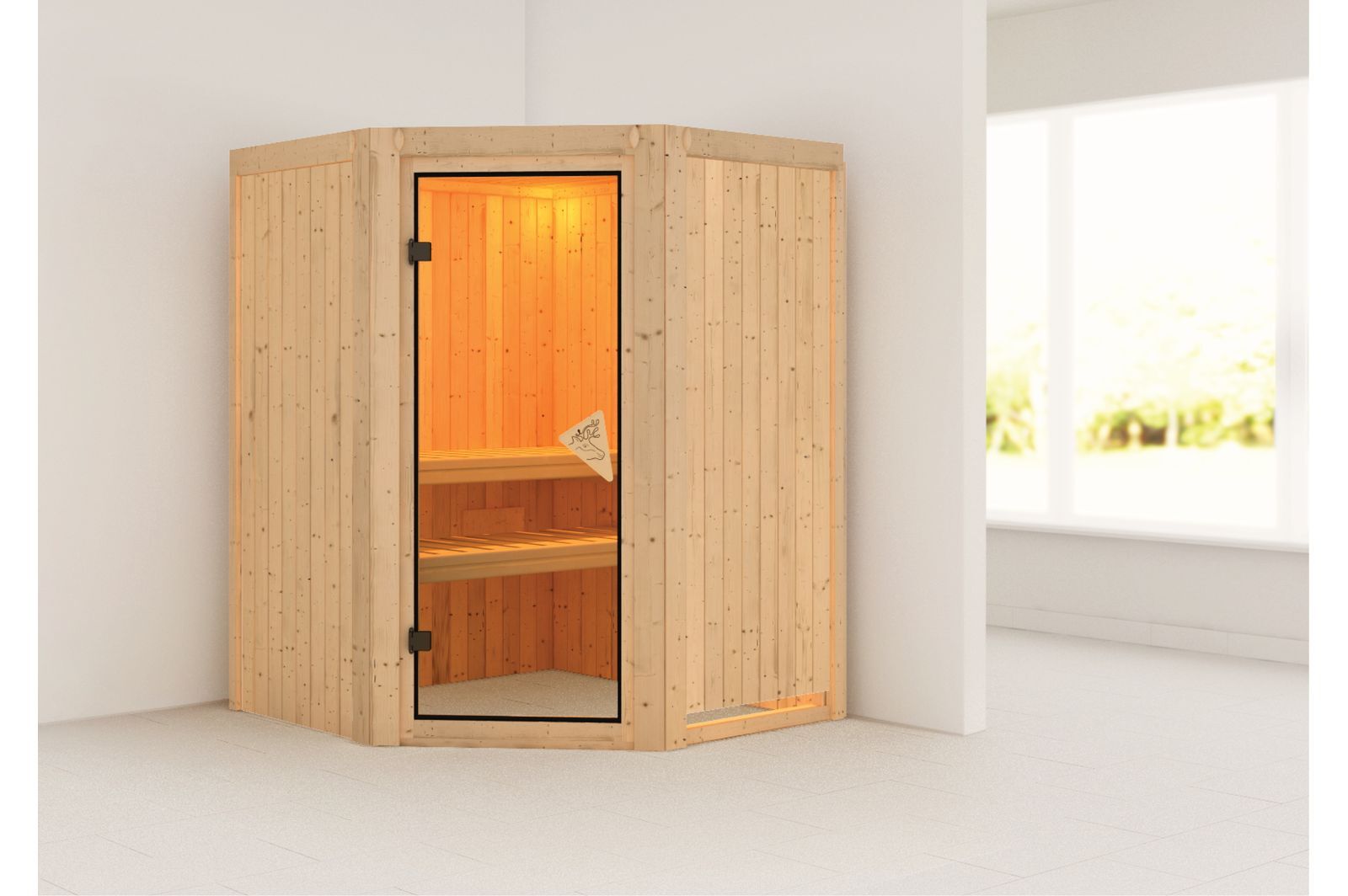 KARIBU Systemsauna Larin, Fichtenholz 68mm, Eckeinstieg, ca. 2m²