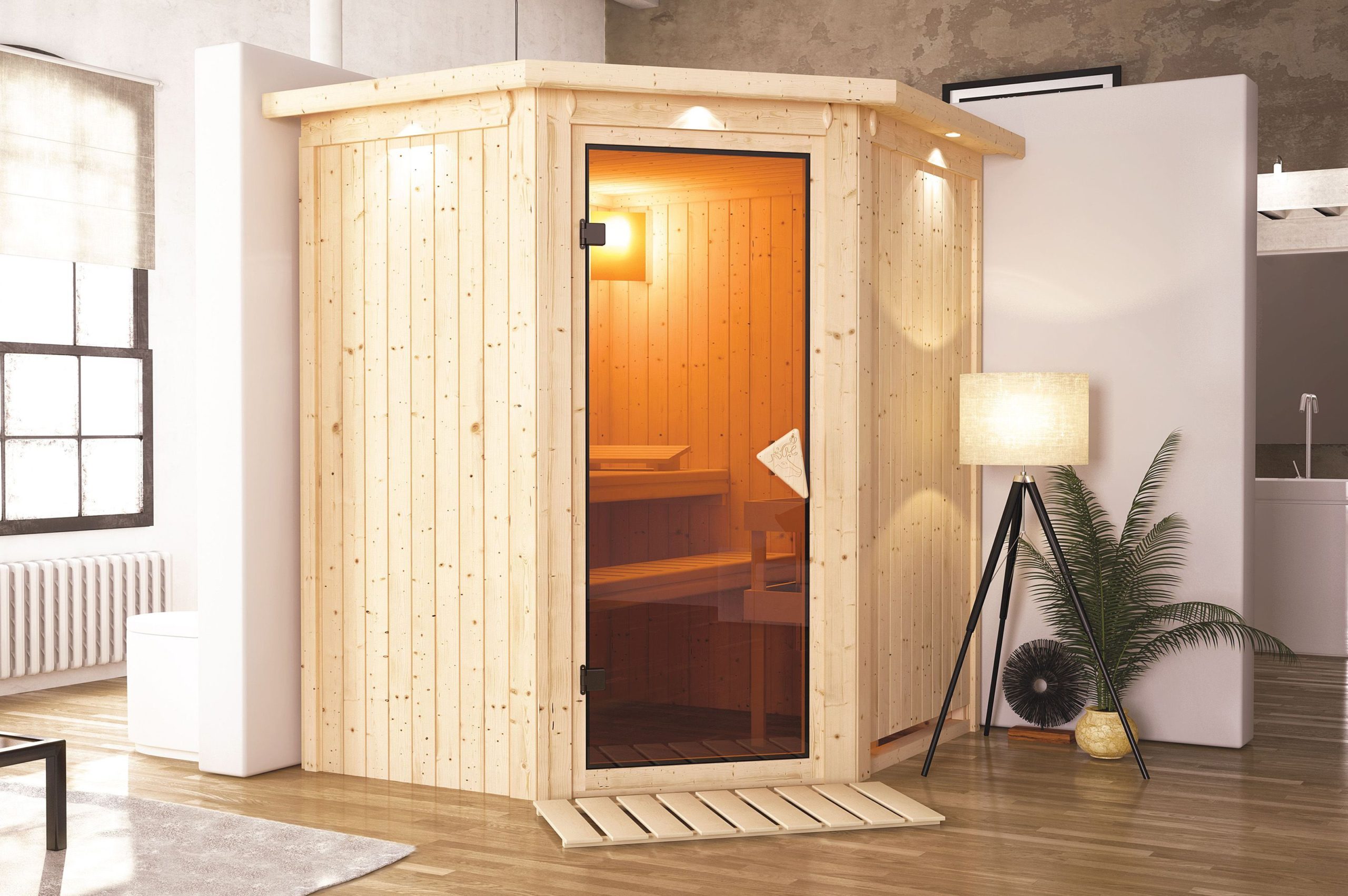 KARIBU Systemsauna Taurin, Fichtenholz 68mm, Eckeinstieg, ca. 2,3m²