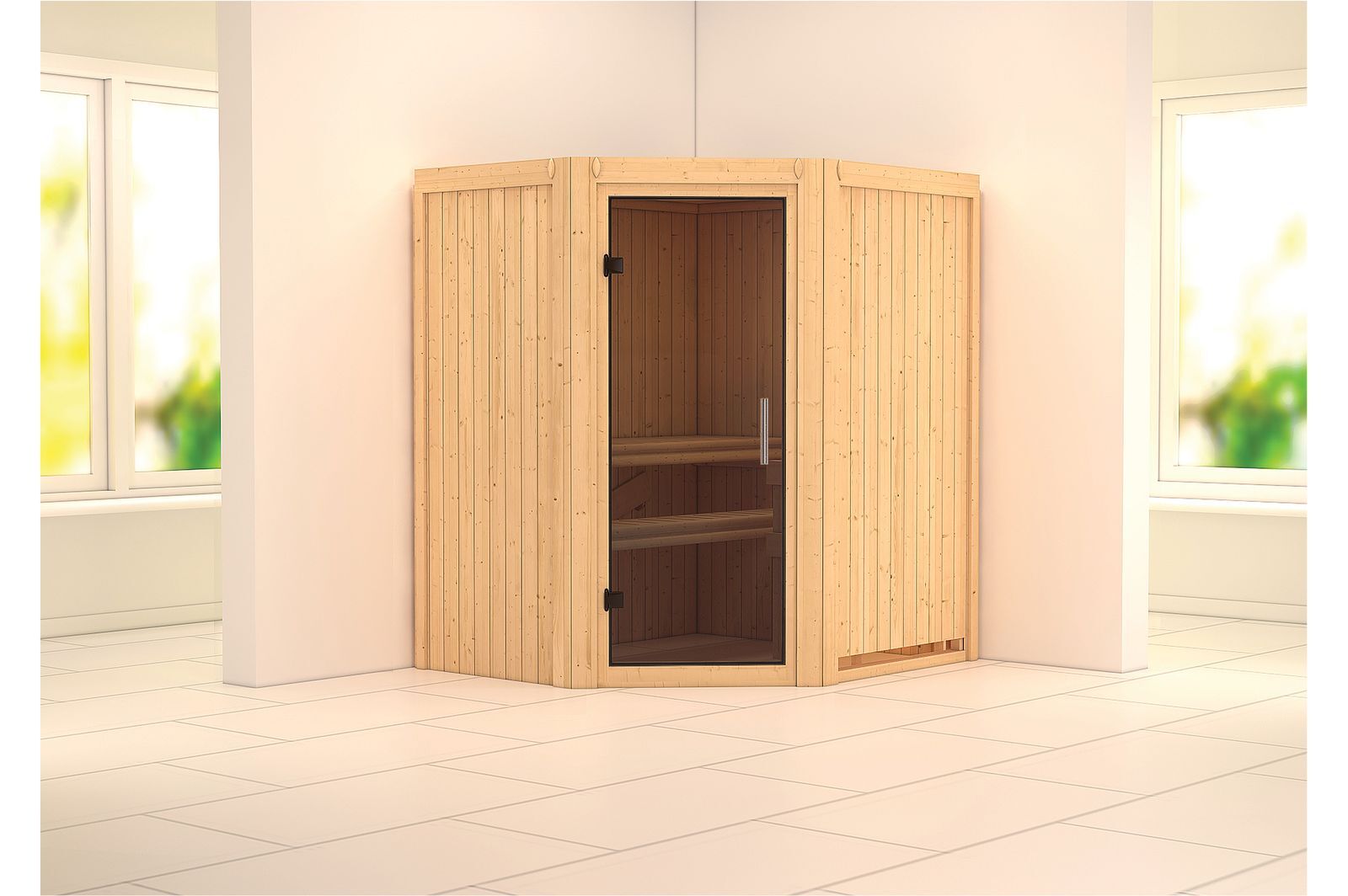 KARIBU Systemsauna Taurin, Fichtenholz 68mm, Eckeinstieg, ca. 2,3m²