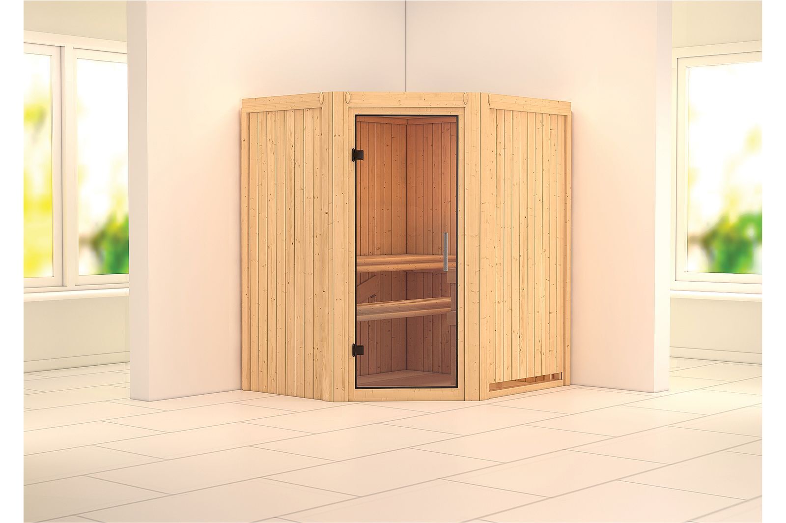 KARIBU Systemsauna Taurin, Fichtenholz 68mm, Eckeinstieg, ca. 2,3m²