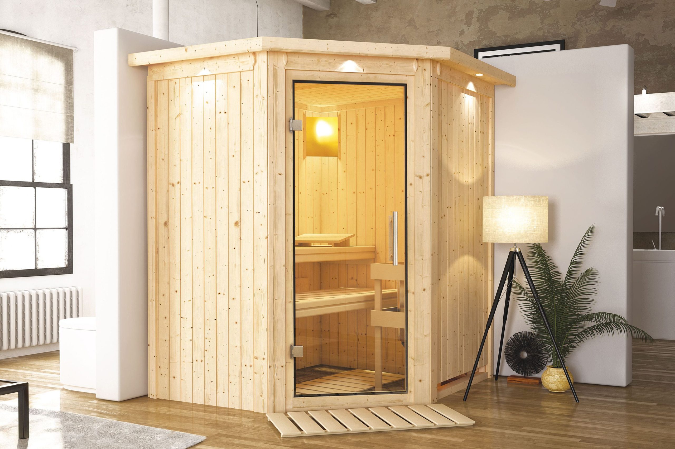 KARIBU Systemsauna Taurin, Fichtenholz 68mm, Eckeinstieg, ca. 2,3m²