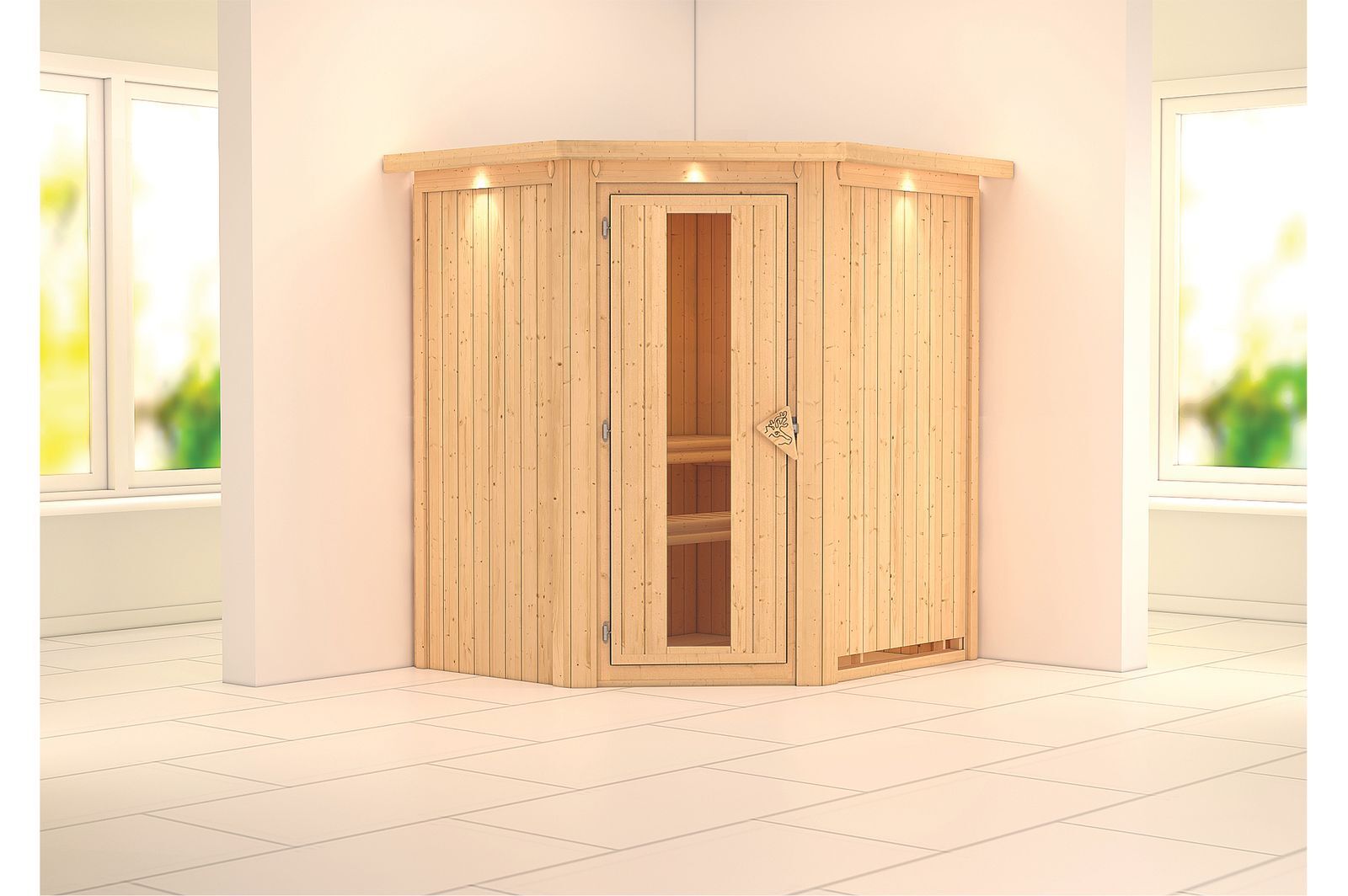 KARIBU Systemsauna Taurin, Fichtenholz 68mm, Eckeinstieg, ca. 2,3m²