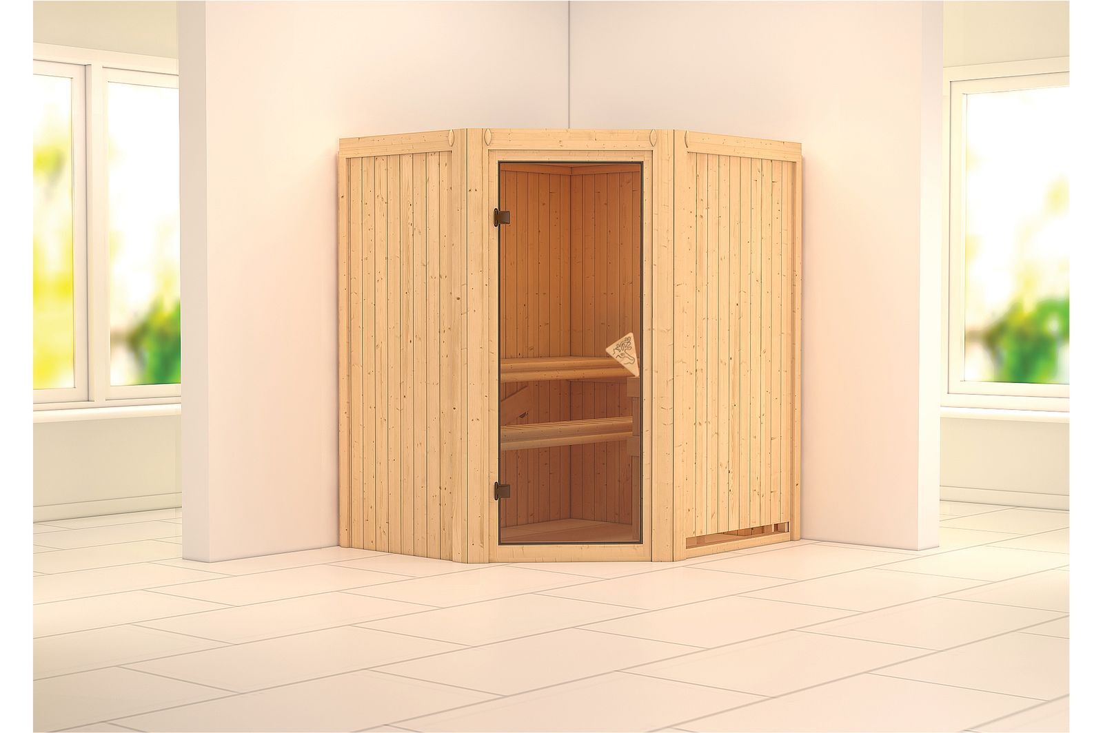 KARIBU Systemsauna Taurin, Fichtenholz 68mm, Eckeinstieg, ca. 2,3m²