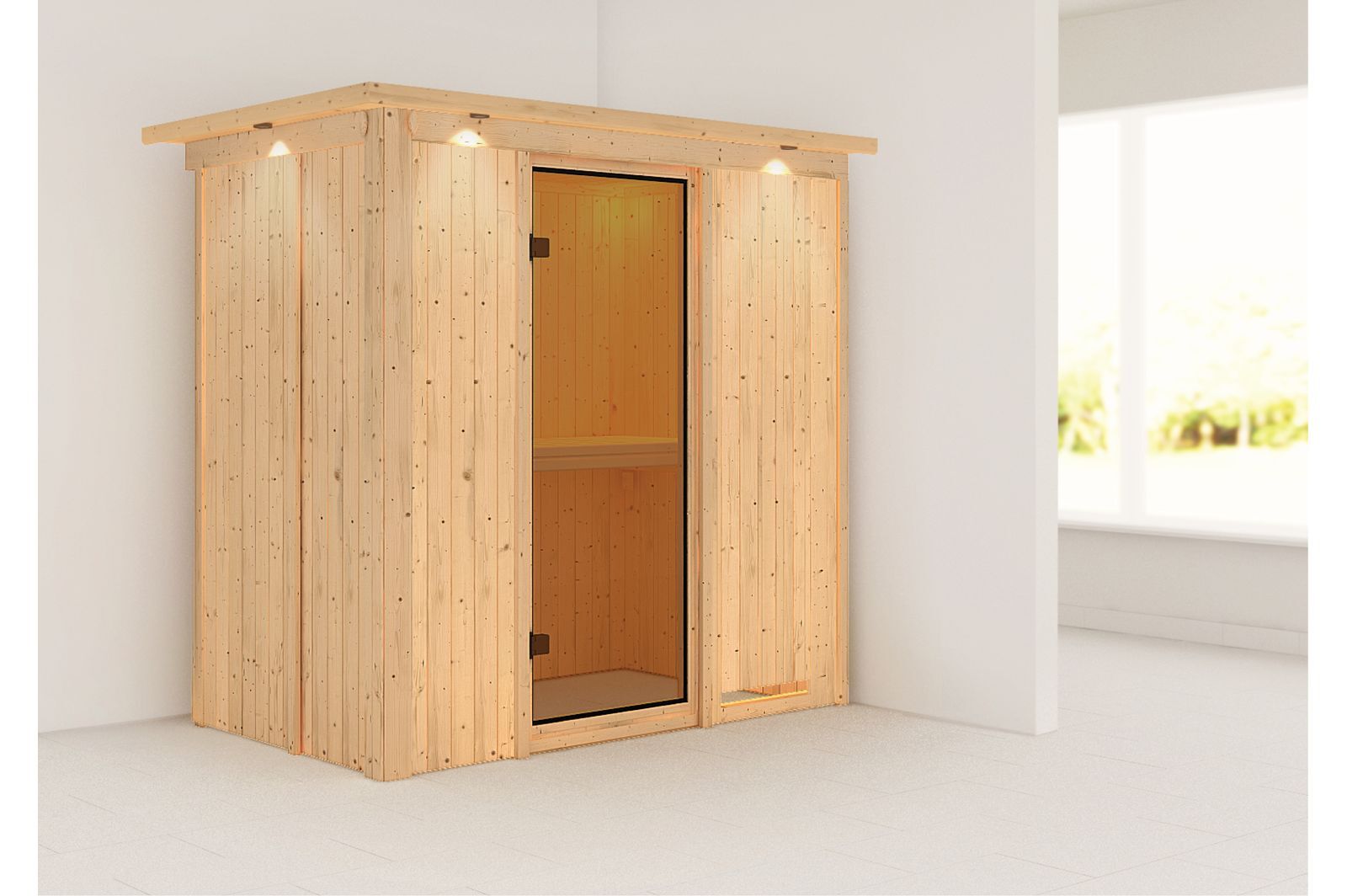 KARIBU Systemsauna Variado, Fichtenholz 68mm, Fronteinstieg, ca. 2,4m²