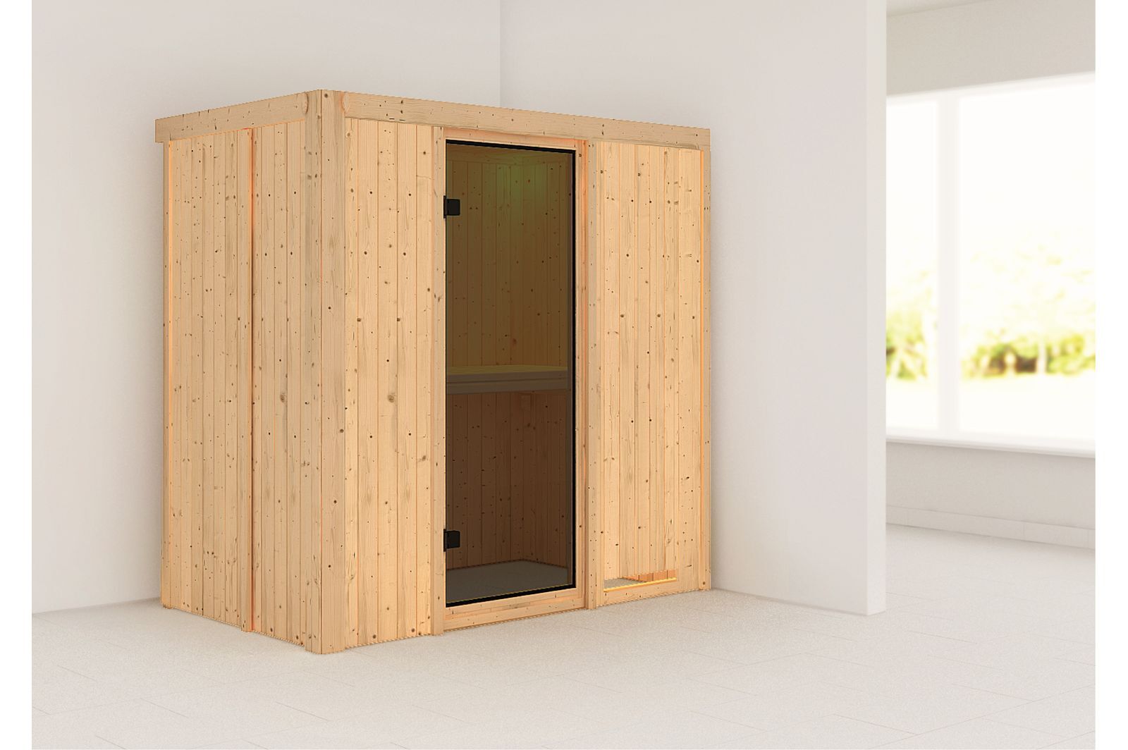 KARIBU Systemsauna Variado, Fichtenholz 68mm, Fronteinstieg, ca. 2,4m²