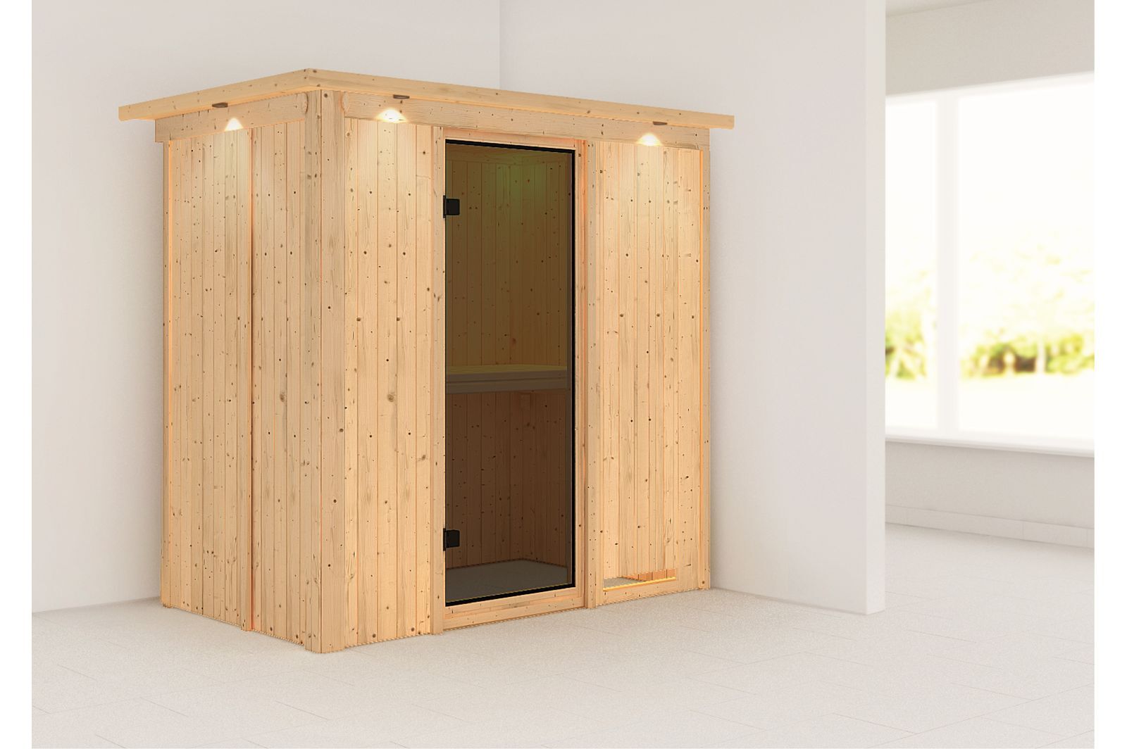 KARIBU Systemsauna Variado, Fichtenholz 68mm, Fronteinstieg, ca. 2,4m²