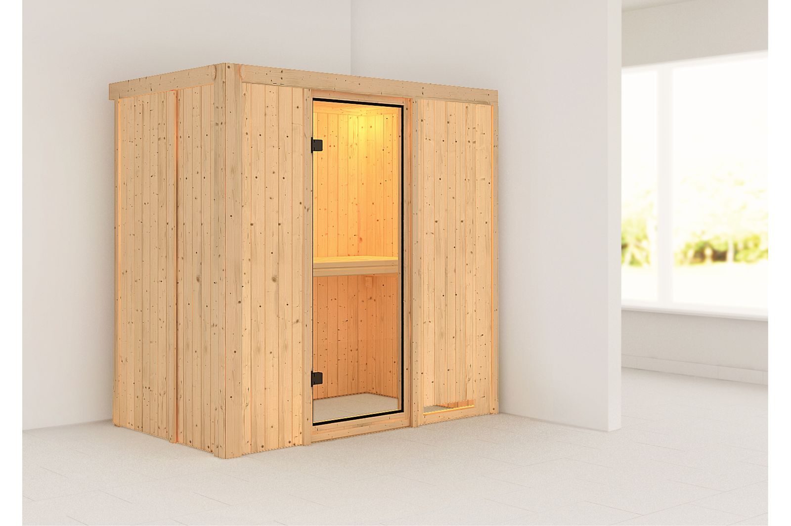 KARIBU Systemsauna Variado, Fichtenholz 68mm, Fronteinstieg, ca. 2,4m²