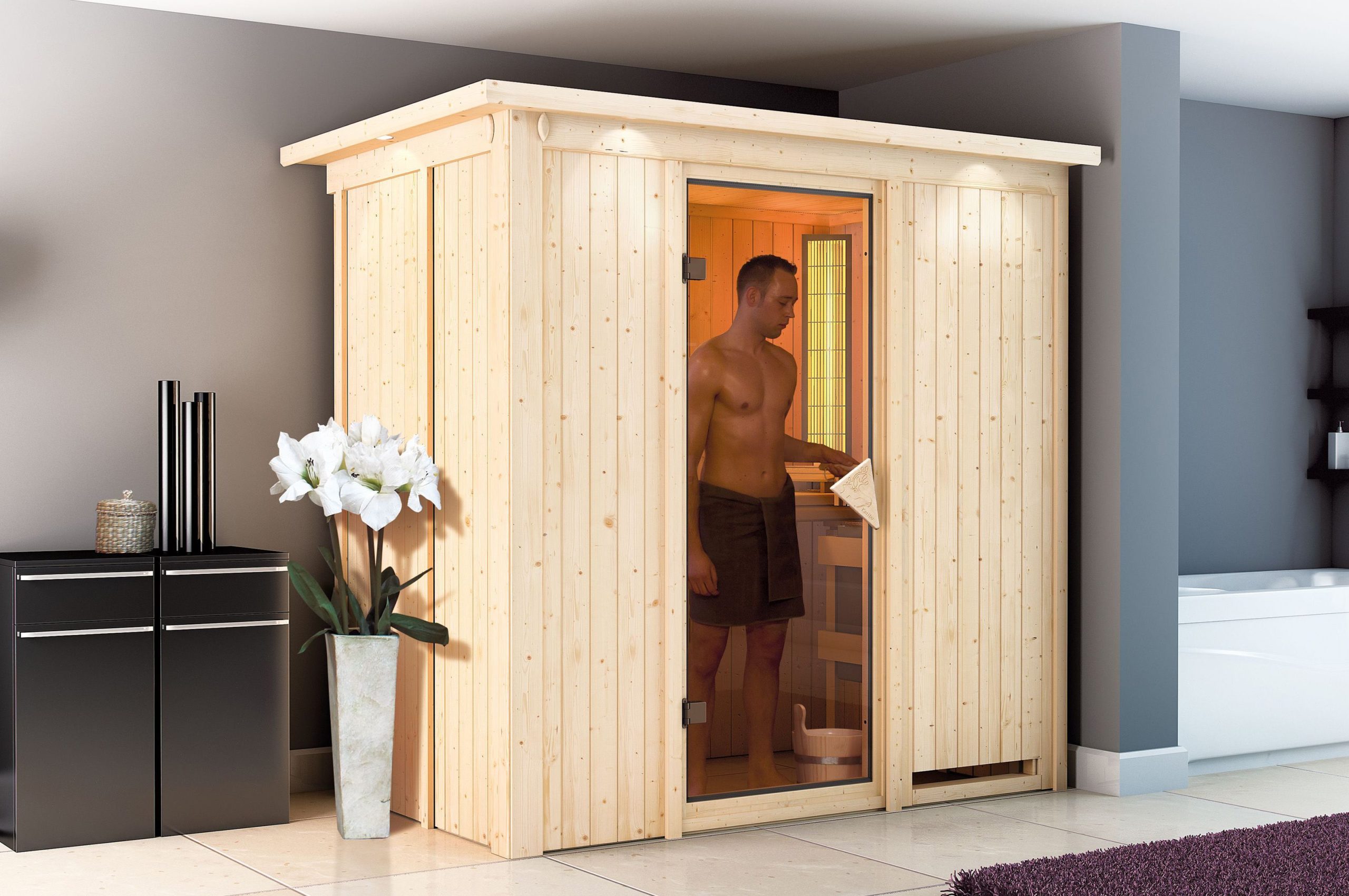 KARIBU Systemsauna Variado, Fichtenholz 68mm, Fronteinstieg, ca. 2,4m²