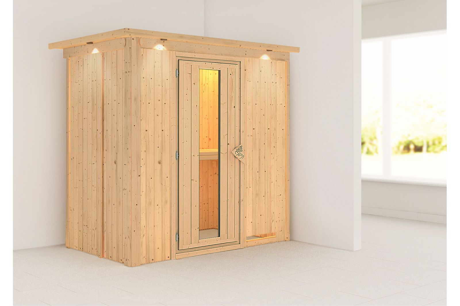 KARIBU Systemsauna Variado, Fichtenholz 68mm, Fronteinstieg, ca. 2,4m²