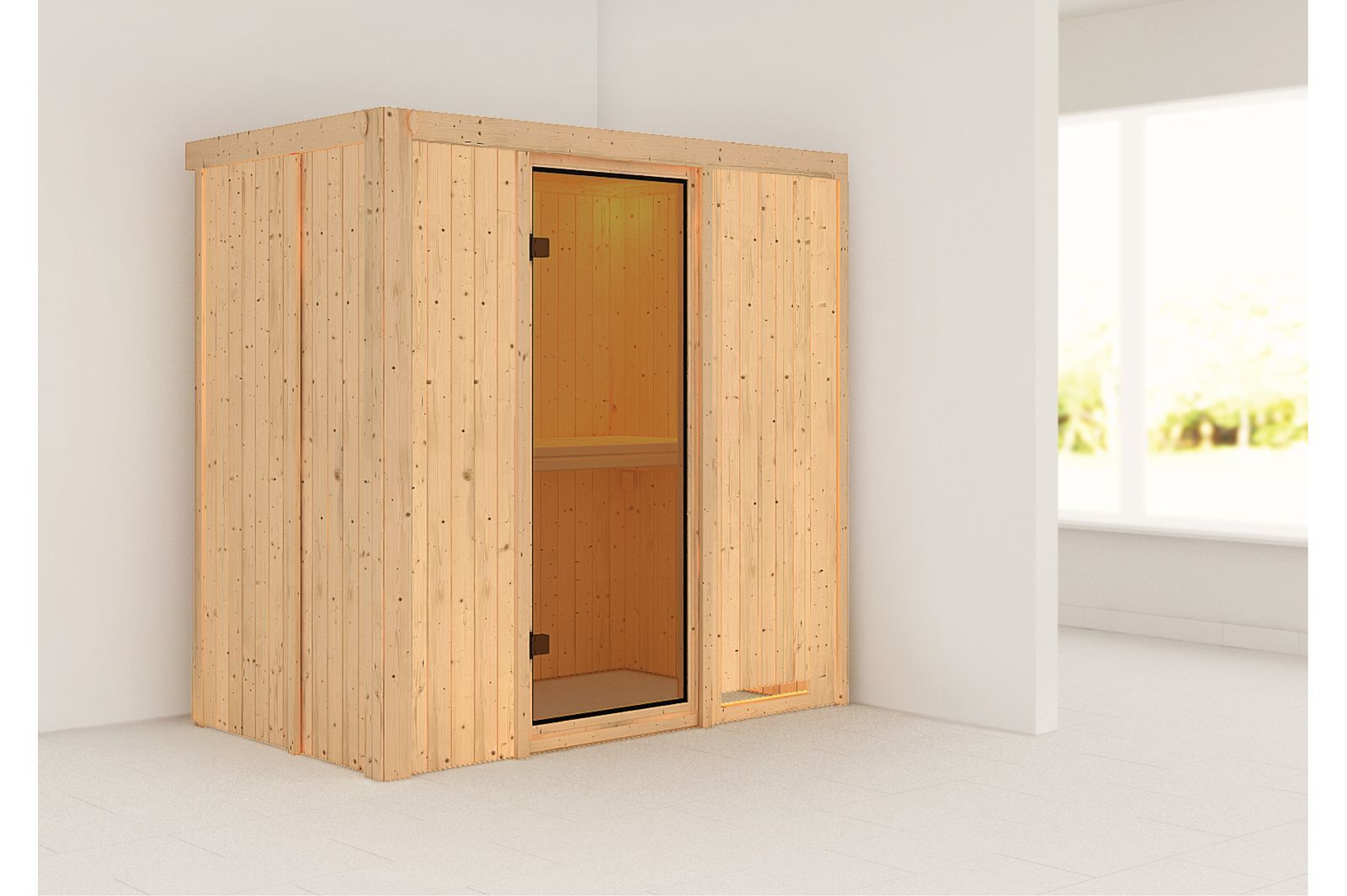 KARIBU Systemsauna Variado, Fichtenholz 68mm, Fronteinstieg, ca. 2,4m²