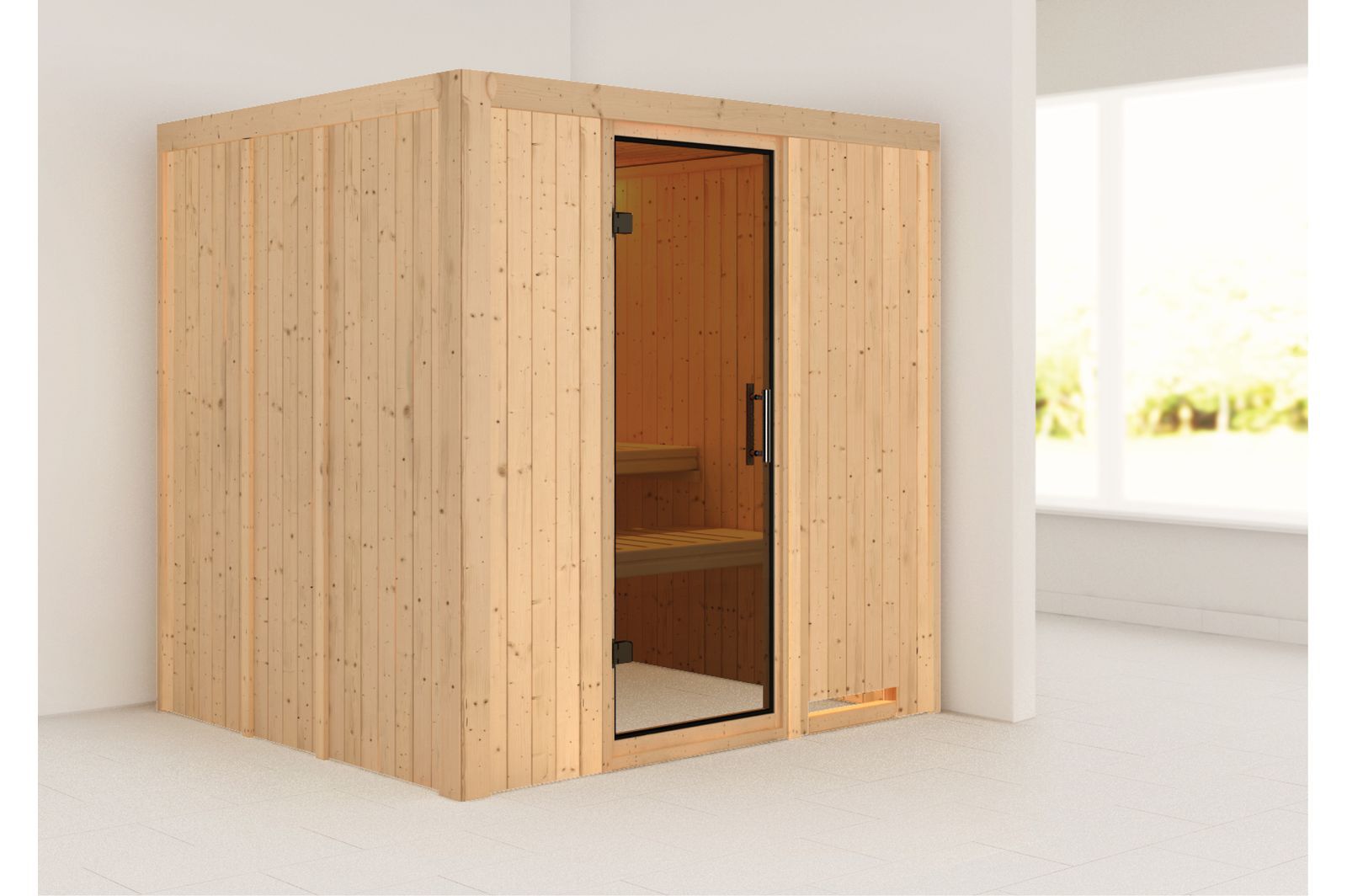 KARIBU Systemsauna Sodin, Fichtenholz 68mm, Fronteinstieg, ca. 3,3m²