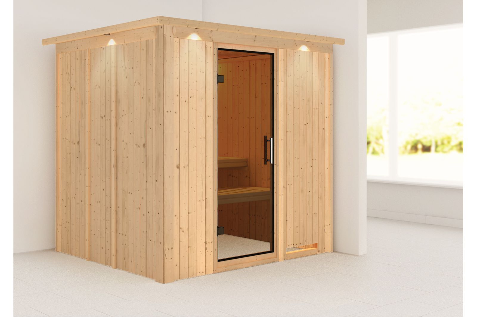 KARIBU Systemsauna Sodin, Fichtenholz 68mm, Fronteinstieg, ca. 3,3m²