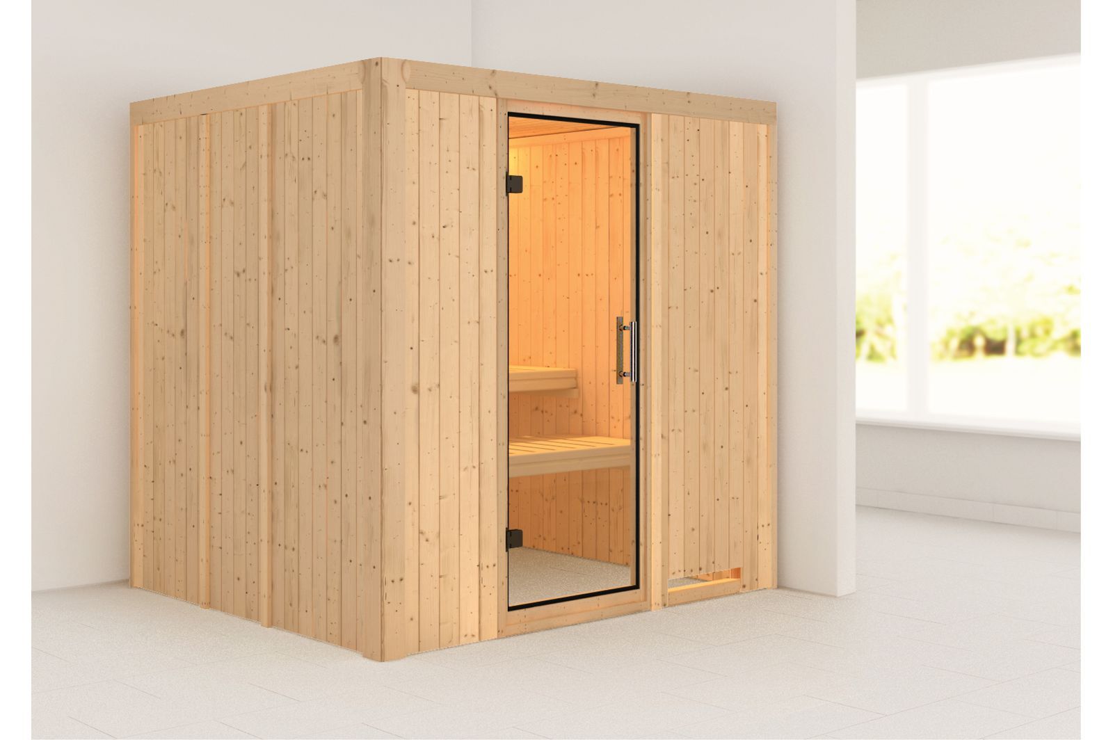 KARIBU Systemsauna Sodin, Fichtenholz 68mm, Fronteinstieg, ca. 3,3m²