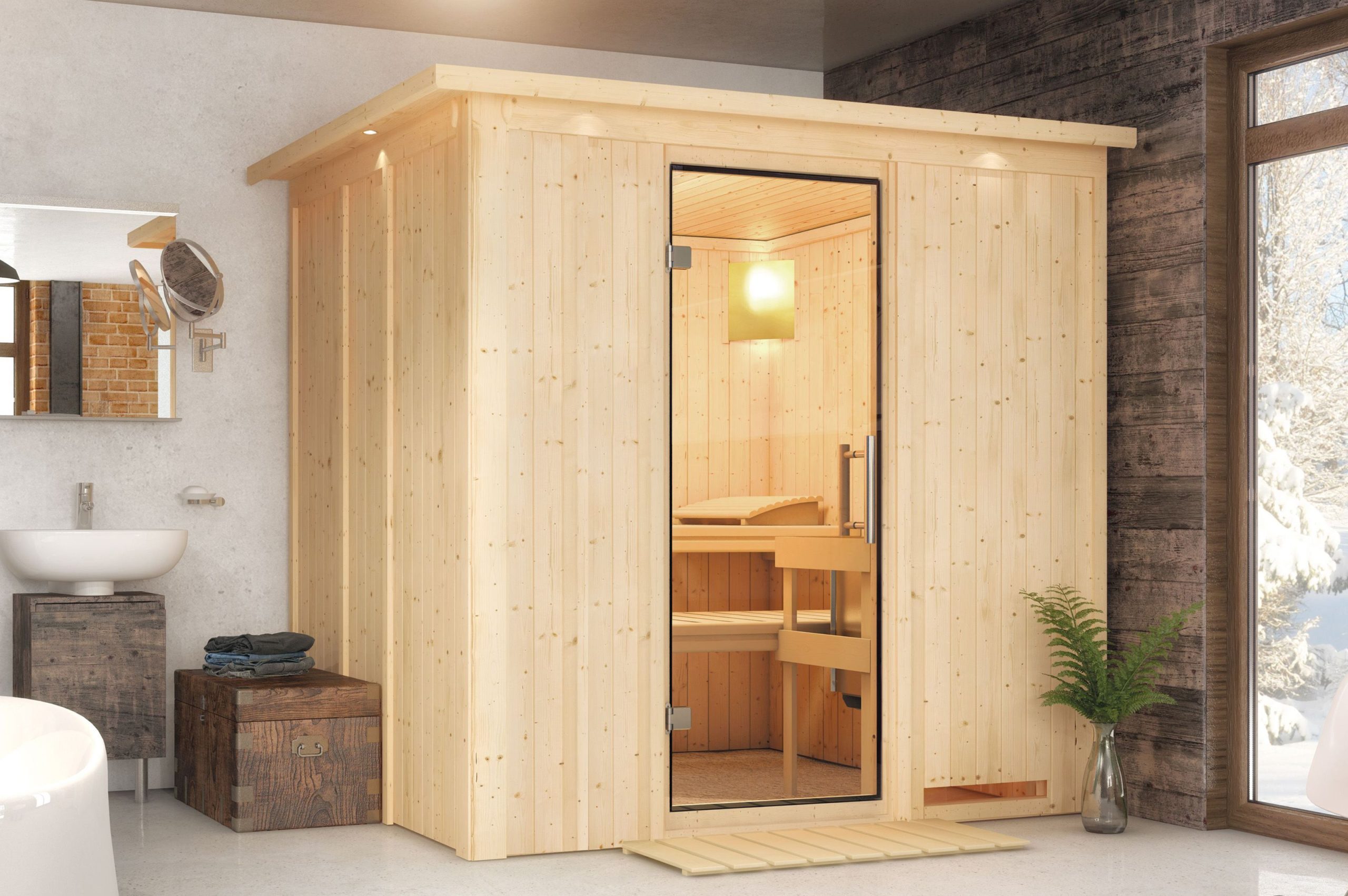 KARIBU Systemsauna Sodin, Fichtenholz 68mm, Fronteinstieg, ca. 3,3m²