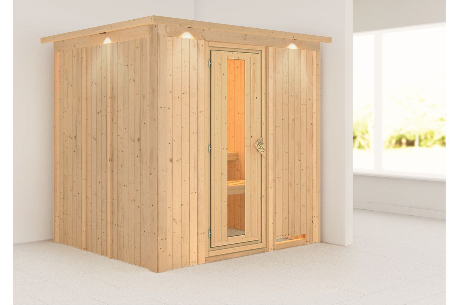 KARIBU Systemsauna Sodin, Fichtenholz 68mm, Fronteinstieg, ca. 3,3m²