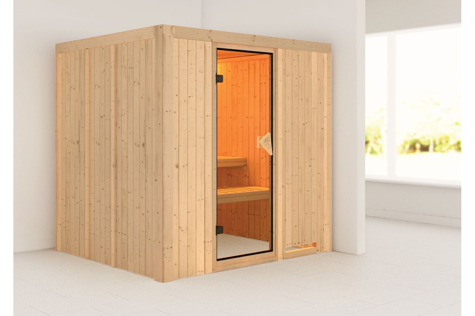 KARIBU Systemsauna Sodin, Fichtenholz 68mm, Fronteinstieg, ca. 3,3m²