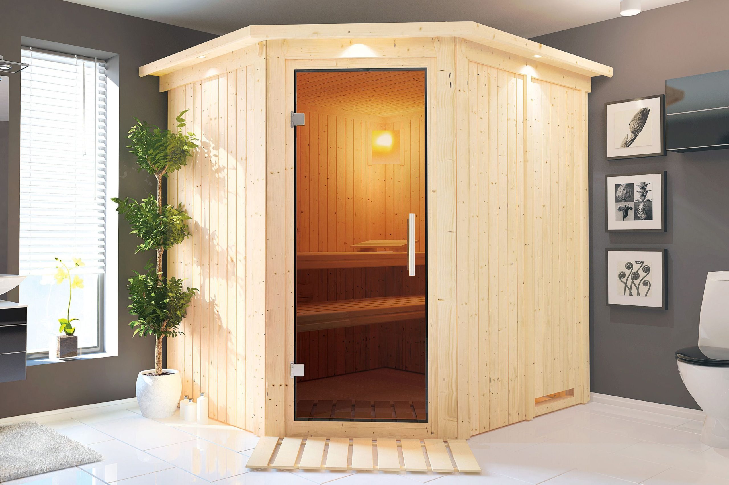 KARIBU Systemsauna Siirin, Fichtenholz 68mm, Eckeinstieg, ca. 3m²