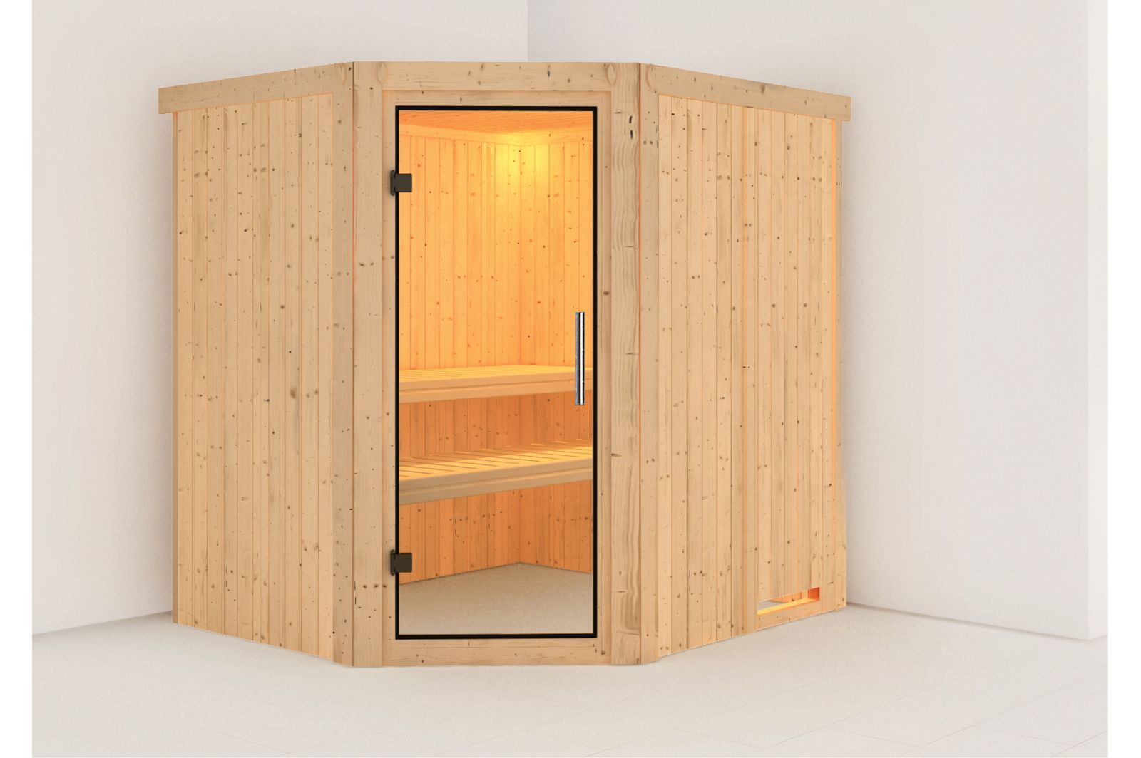 KARIBU Systemsauna Siirin, Fichtenholz 68mm, Eckeinstieg, ca. 3m²