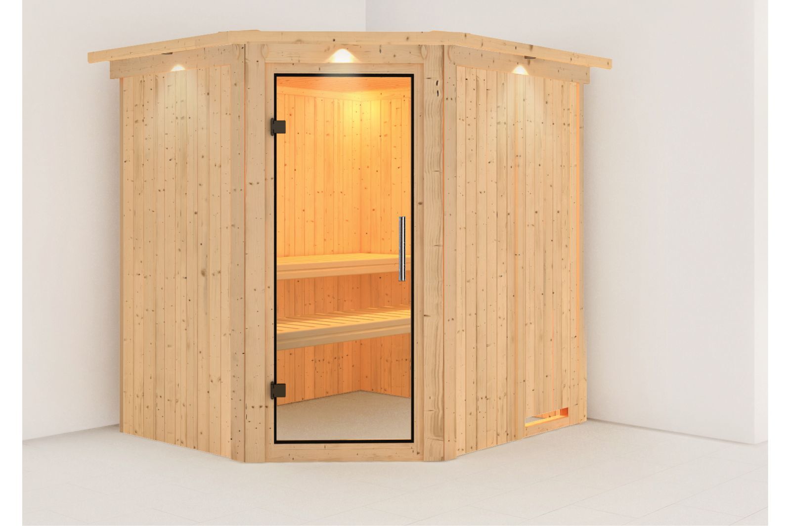 KARIBU Systemsauna Siirin, Fichtenholz 68mm, Eckeinstieg, ca. 3m²