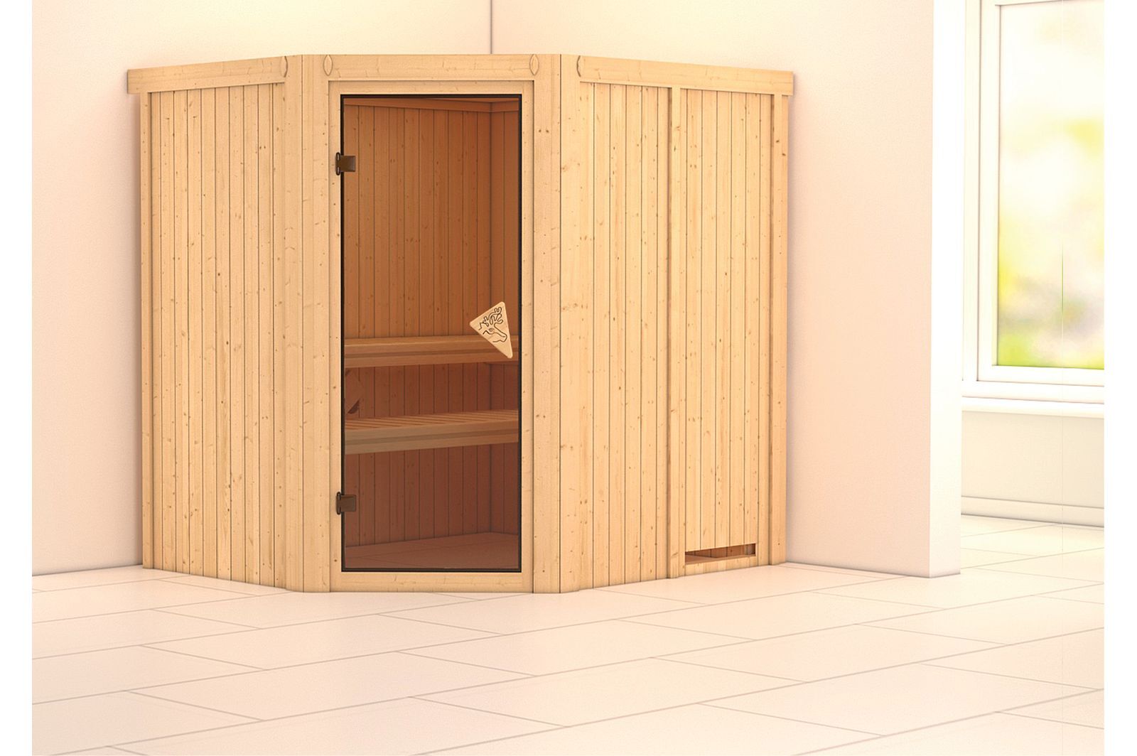 KARIBU Systemsauna Siirin, Fichtenholz 68mm, Eckeinstieg, ca. 3m²