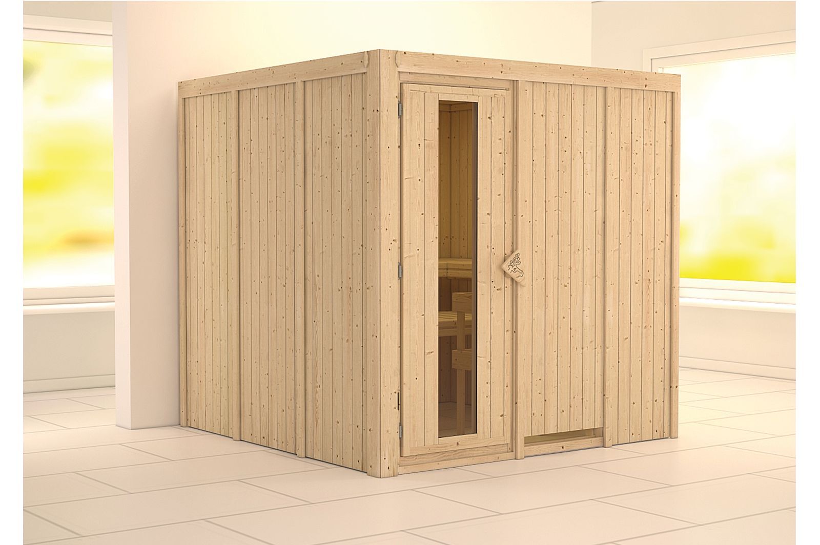 KARIBU Systemsauna Rodin, Fichtenholz 68mm, Fronteinstieg, ca. 3,8m²