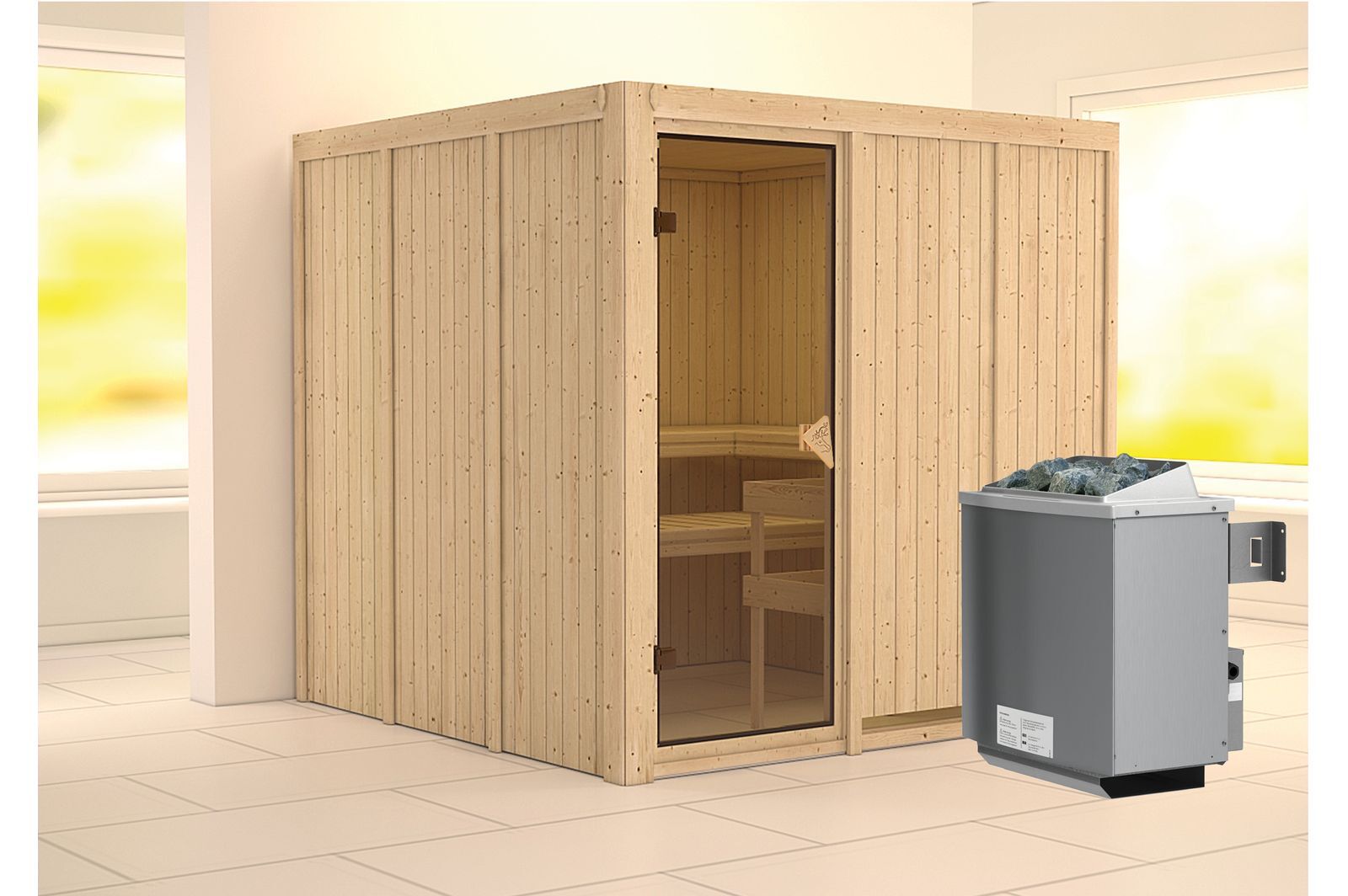 KARIBU Systemsauna Rodin, Fichtenholz 68mm, Fronteinstieg, ca. 3,8m²