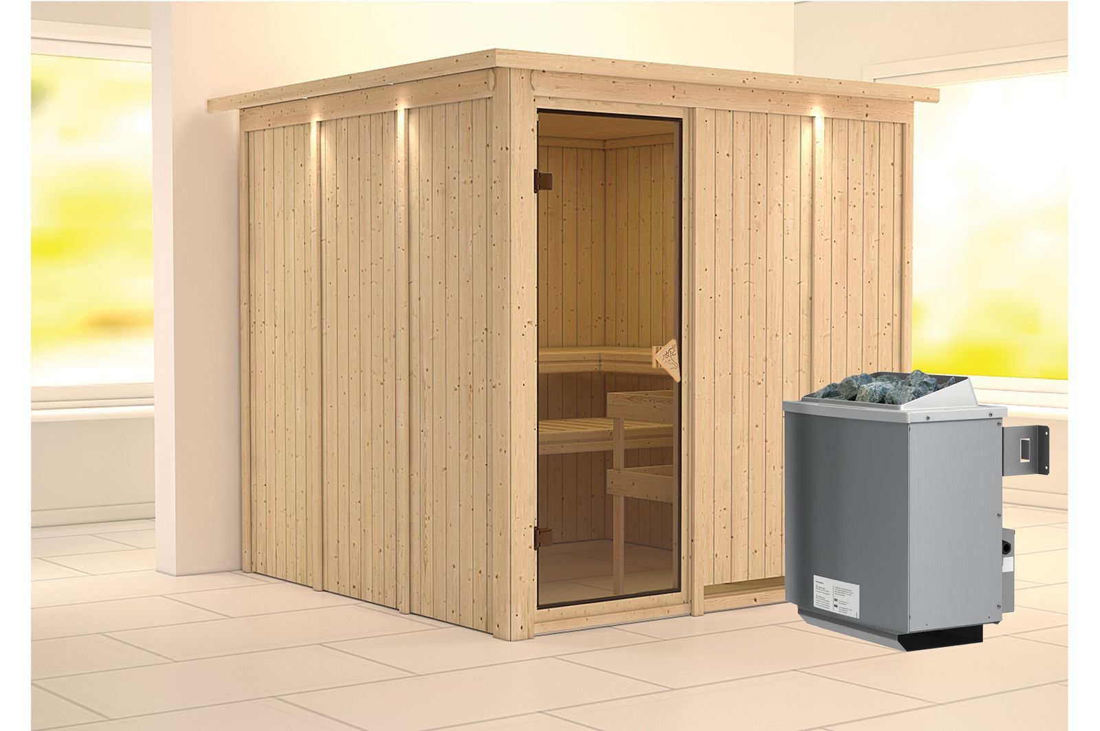 KARIBU Systemsauna Rodin, Fichtenholz 68mm, Fronteinstieg, ca. 3,8m²