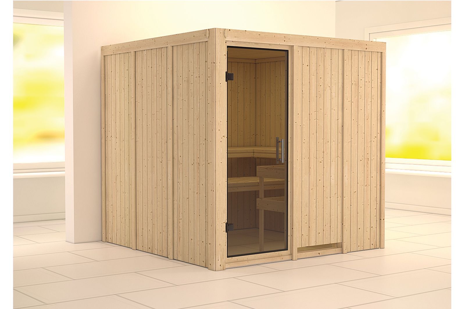 KARIBU Systemsauna Rodin, Fichtenholz 68mm, Fronteinstieg, ca. 3,8m²