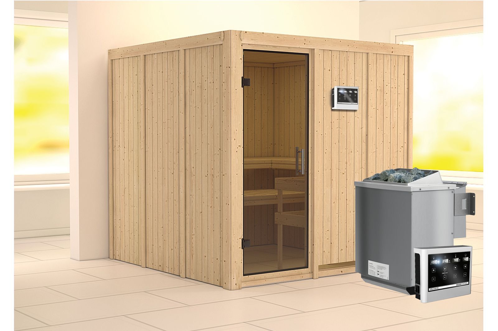 KARIBU Systemsauna Rodin, Fichtenholz 68mm, Fronteinstieg, ca. 3,8m²